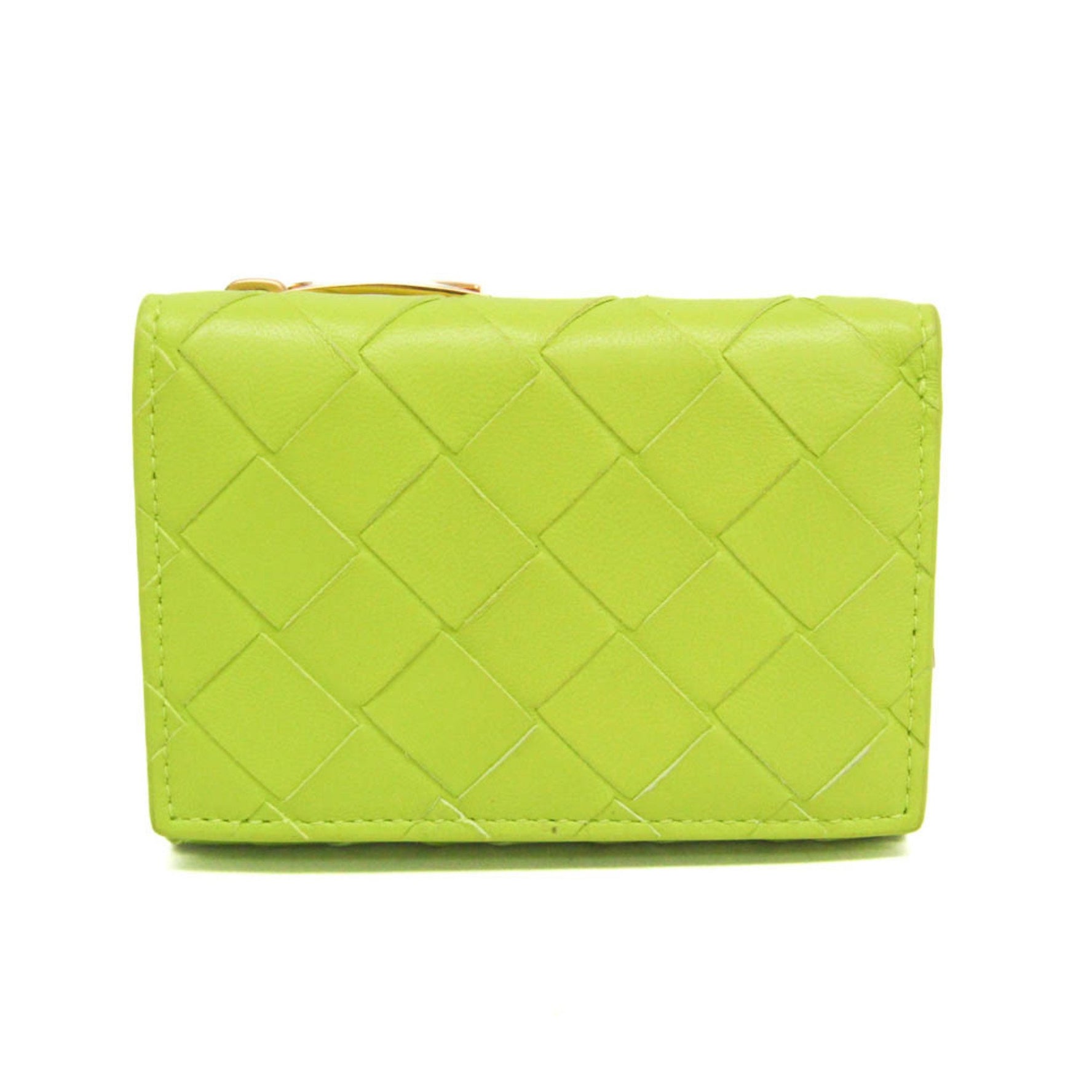Bottega Veneta Intrecciato Compact Wallet Men,Women Leather Wallet (tri-fold) Fluorescent Yellow