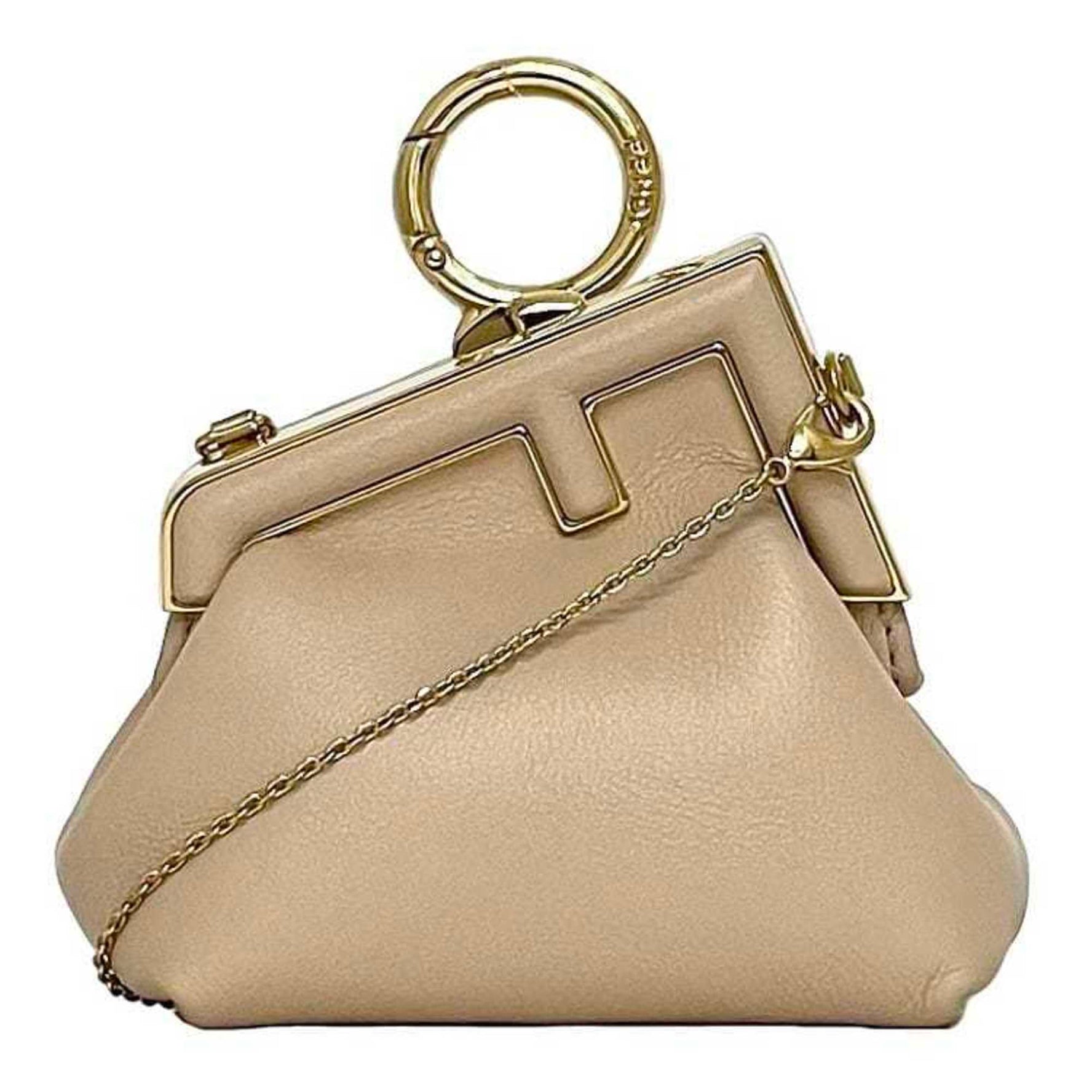 Fendi Charm First Nano Beige Gold Mini Leather ABVE 228 1835 Pouch Bag Key Holder Chain Crossbody