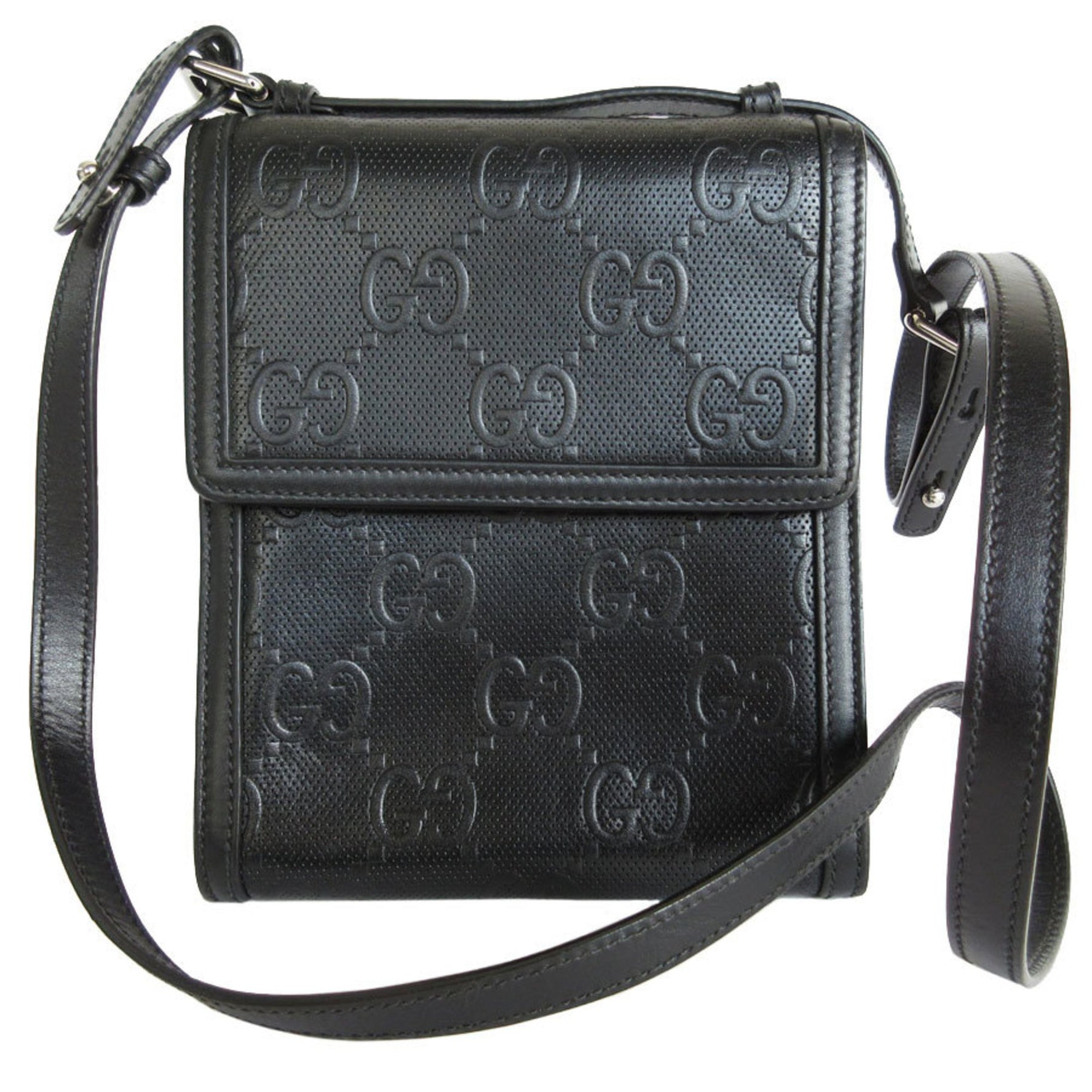 GUCCI Shoulder Bag GG Embossed Leather Black Silver Men's s0052j