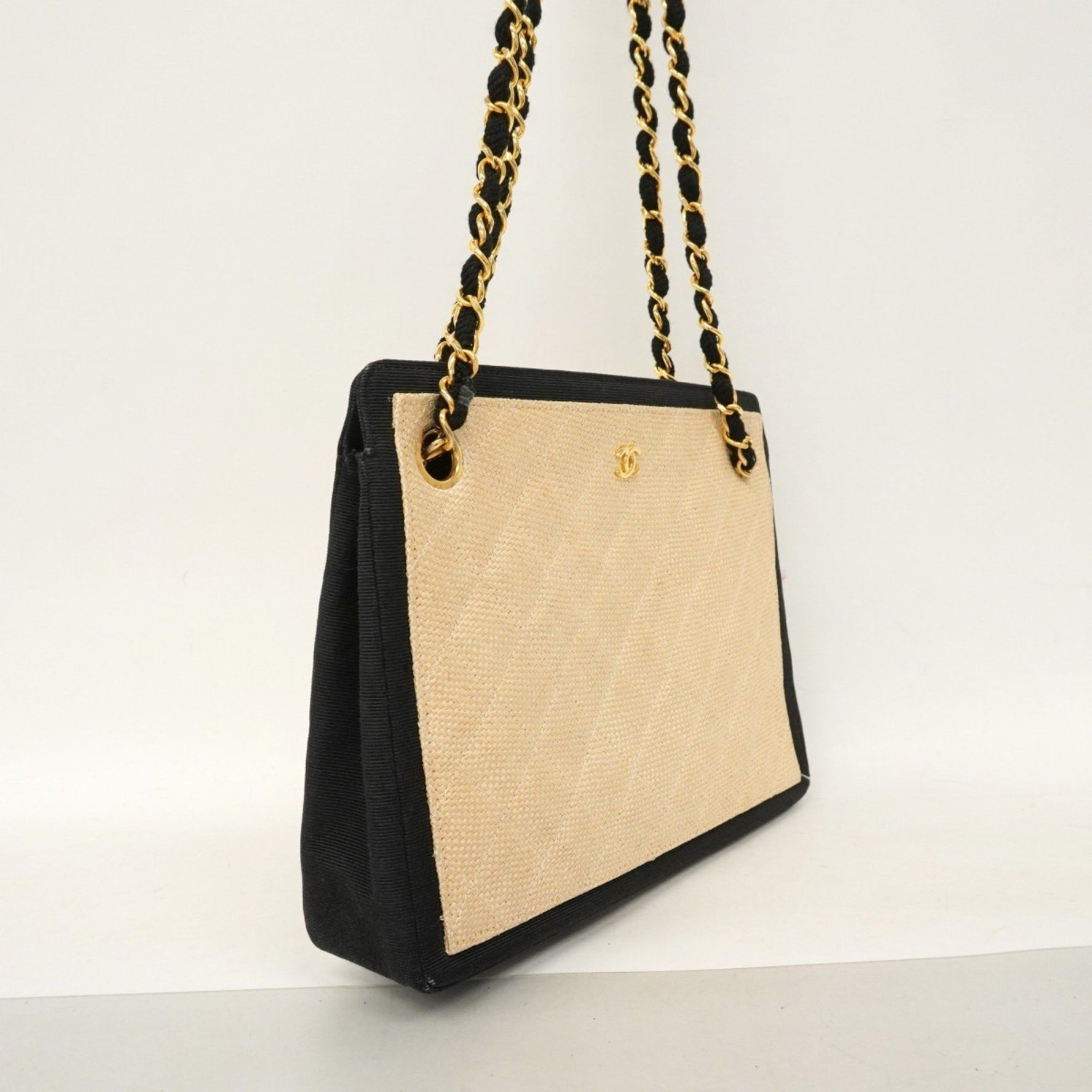 Chanel Matelasse Shoulder Bag, Chain Straw, Beige, Black