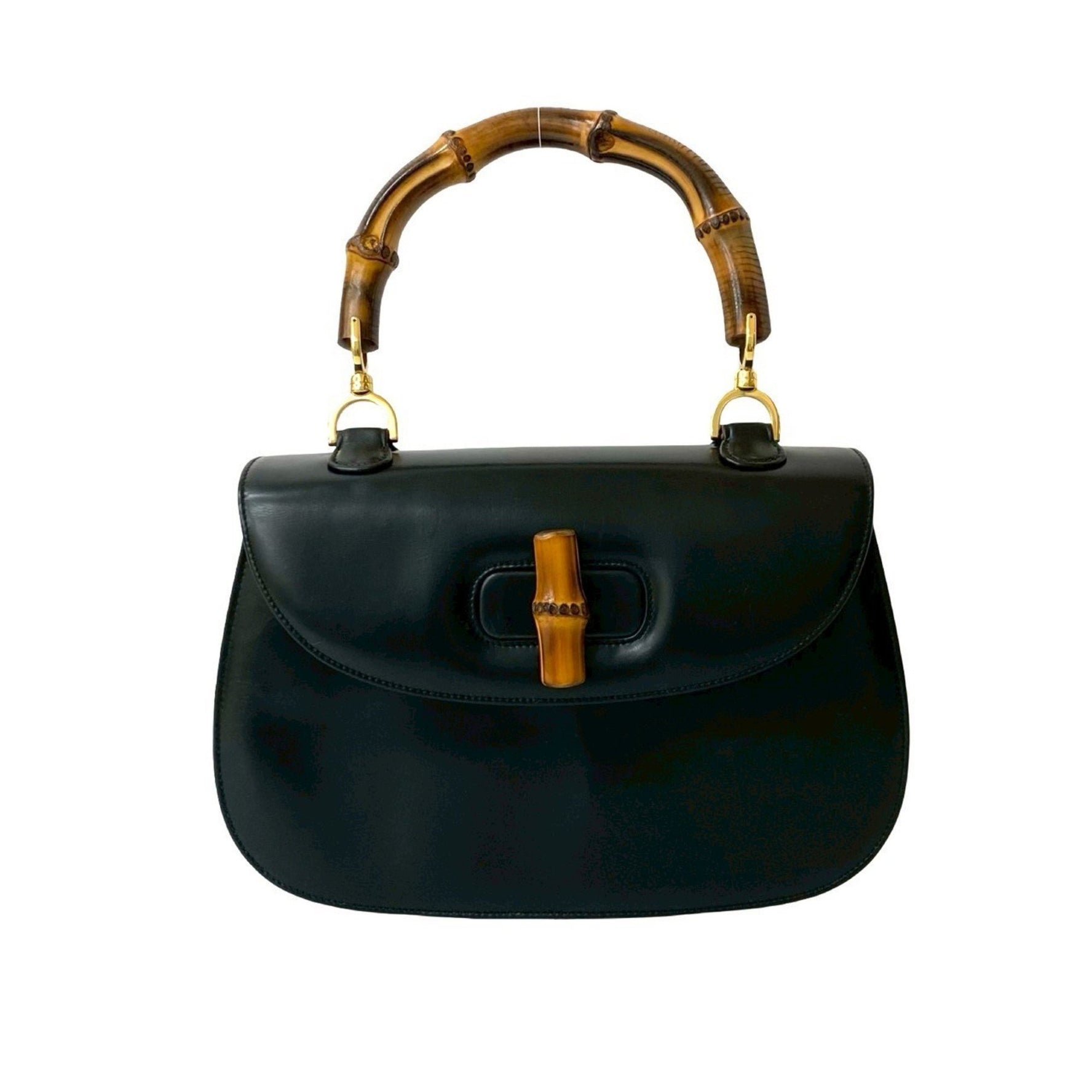 GUCCI Old Gucci Bamboo Turnlock Calfskin Leather Handbag Tote Bag Black