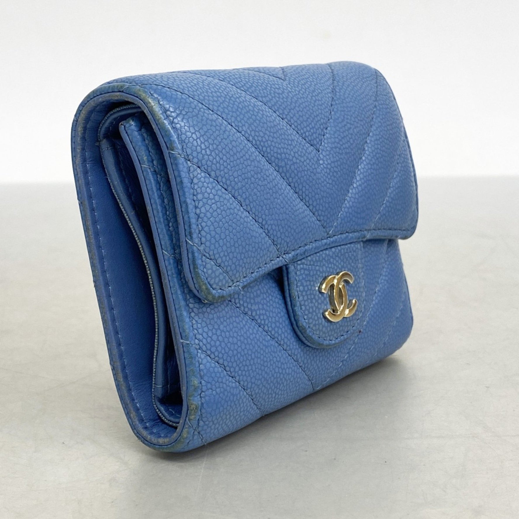 Chanel Tri-fold Wallet with V-Stitching, Caviar Leather, Champagne