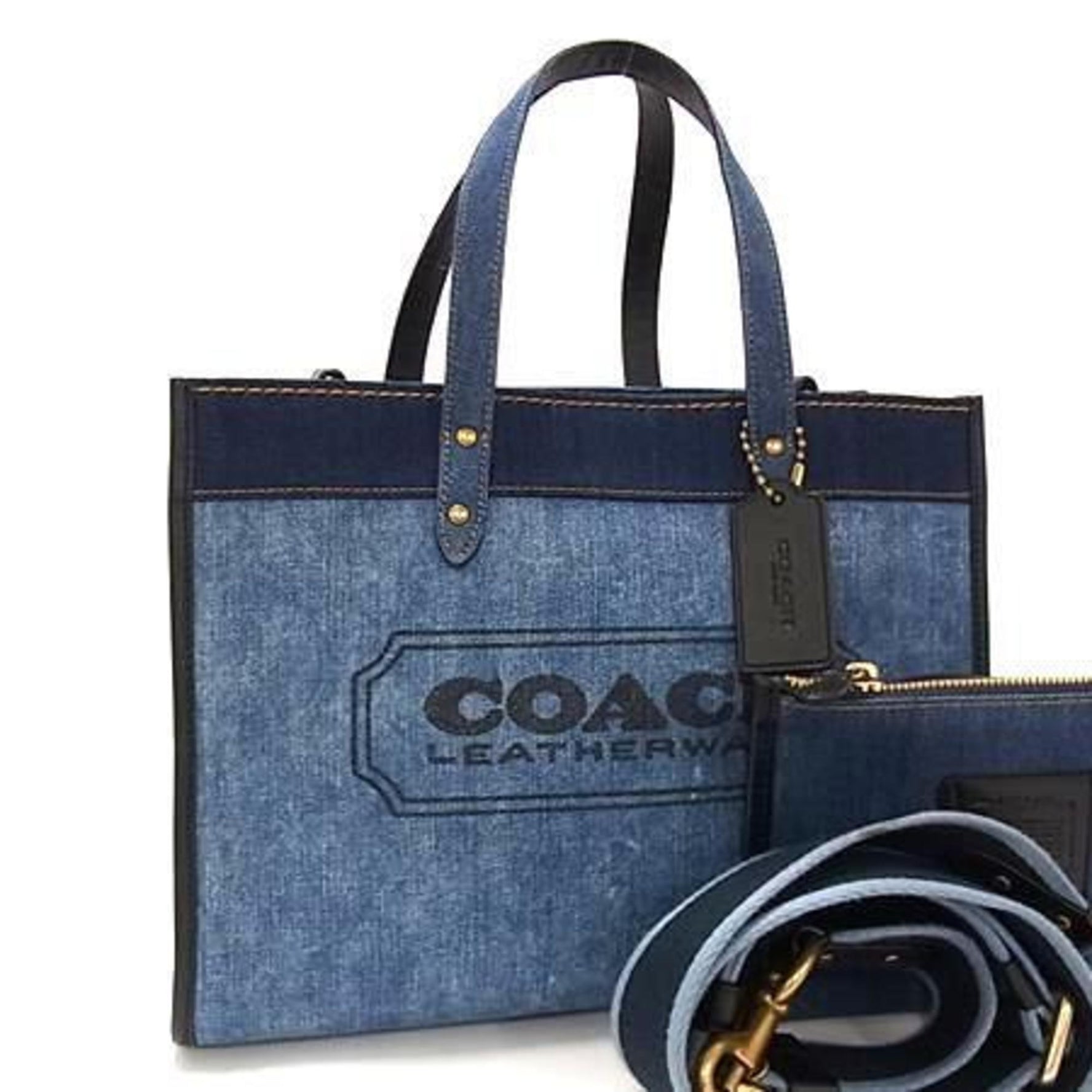 COACH Field Tote Bag, 30, Denim and Leather, Shoulder Bag