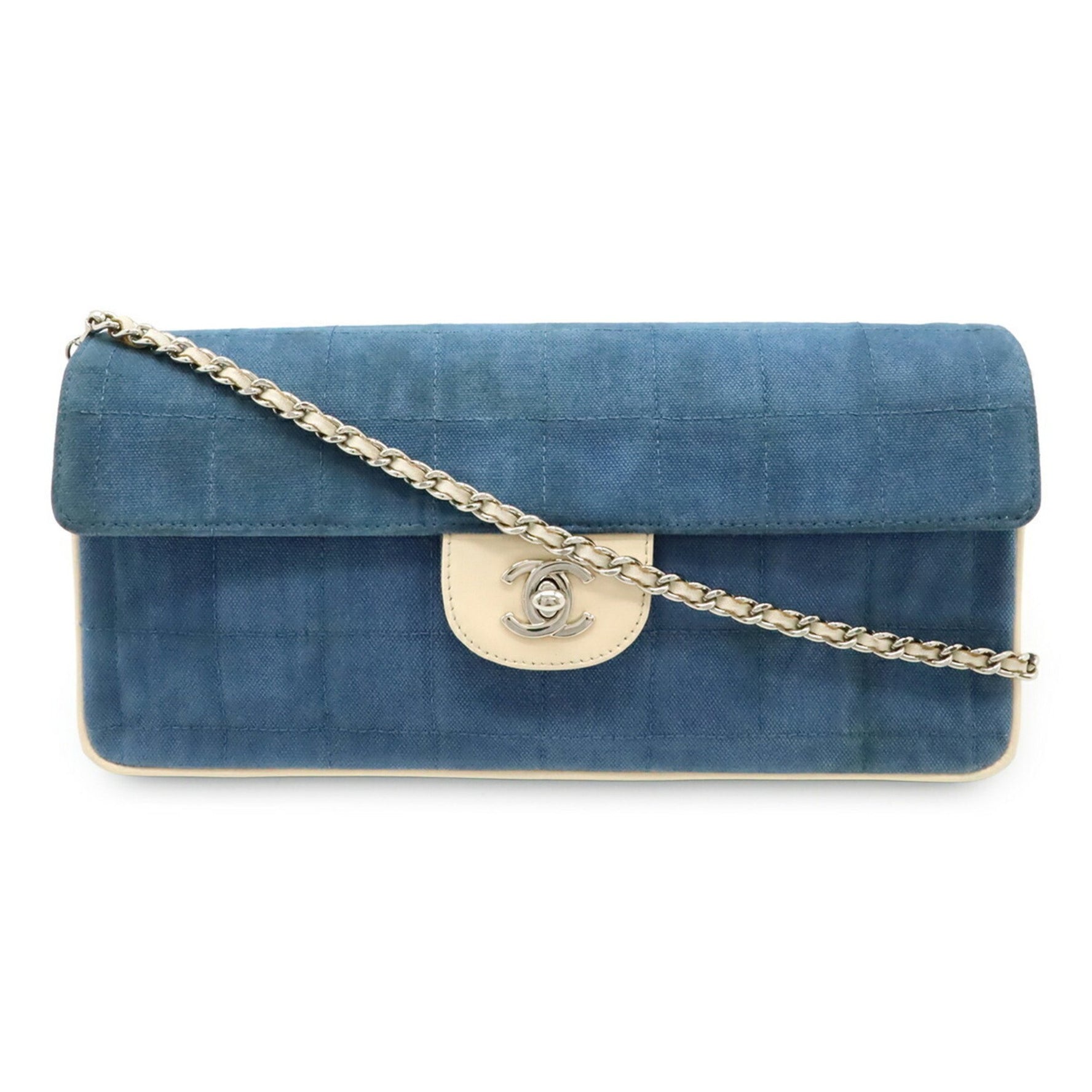CHANEL Chocobar Chain Shoulder Bag Canvas Leather Blue Ivory