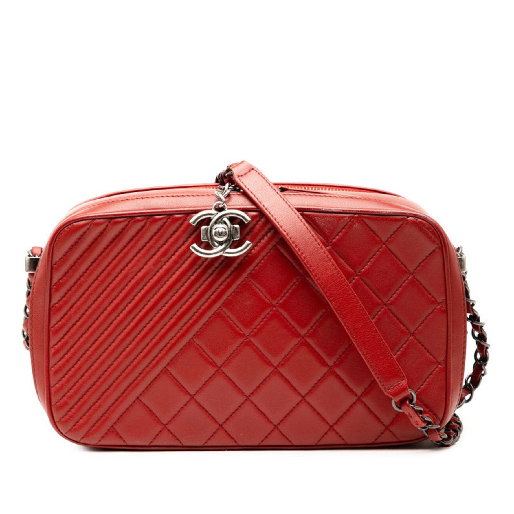 CHANEL Matelasse Coco Boy Chain Shoulder Bag Camera Red Lambskin