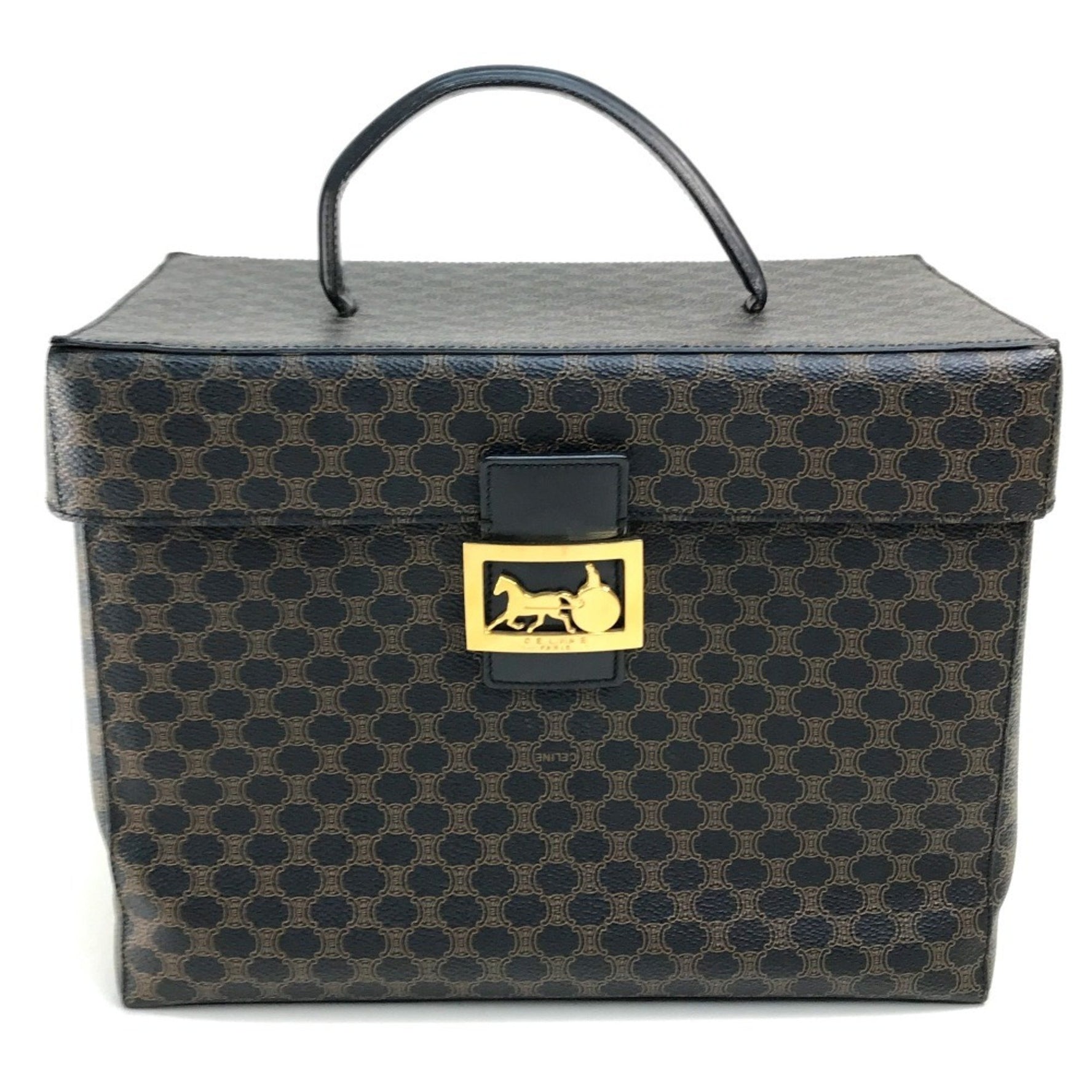 CELINE Logo Horse-Drawn Macadam Handbag, Makeup Box, Vanity Bag, PVC/Leather, Dark Brown