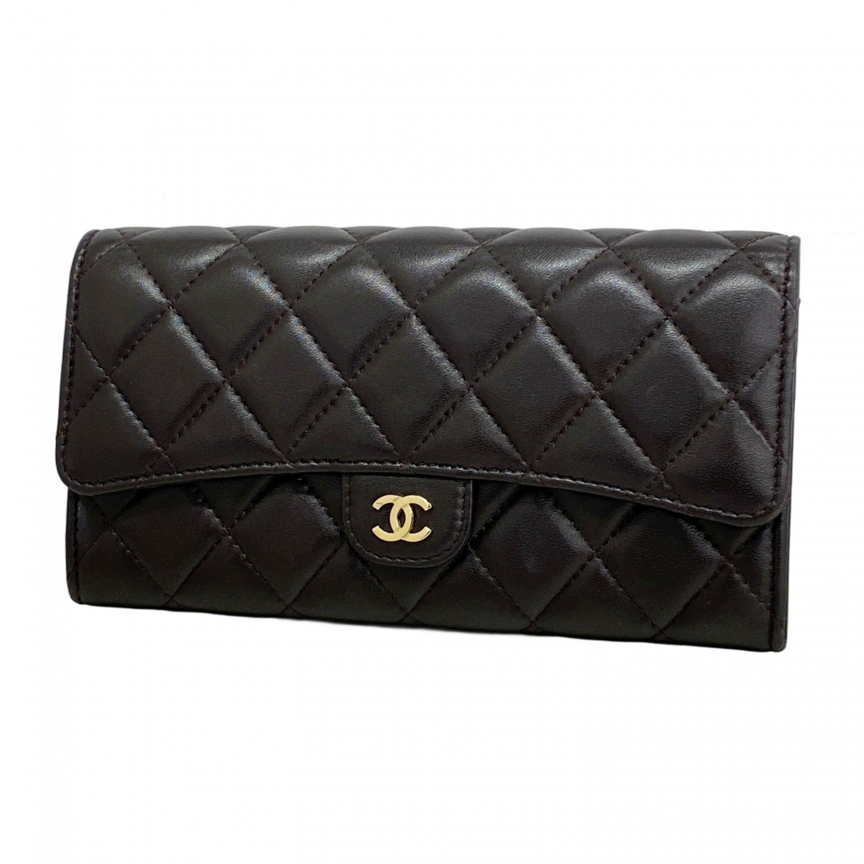 Chanel Matelasse Long Wallet, Lambskin, Dark Brown, Champagne