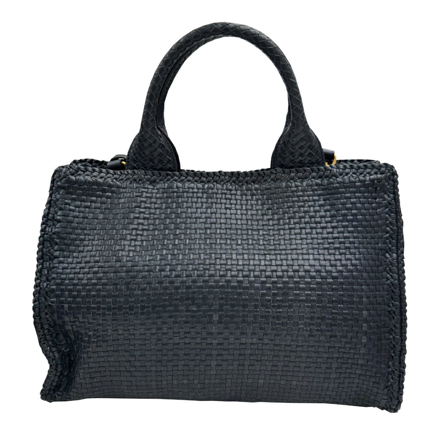 PRADA 1BG258 Shoulder Bag Madras Handbag Leather Navy Women's