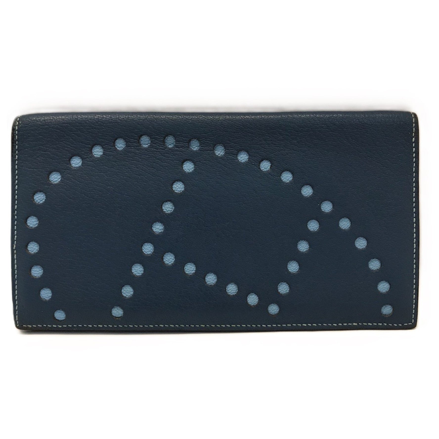 Hermès Evelyn Long Wallet, Chevre Leather, Perforated, Navy Blue, Light □Q Stamped, HERMES