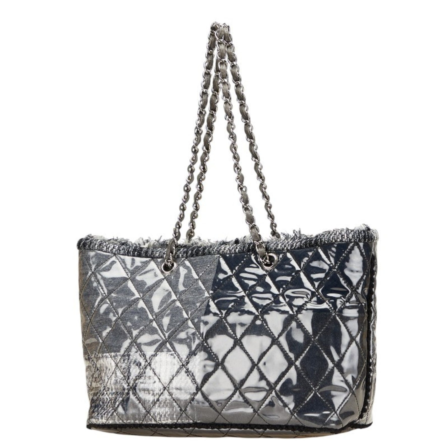 Chanel Matelasse Tote Bag Handbag Black Gray Vinyl Tweed