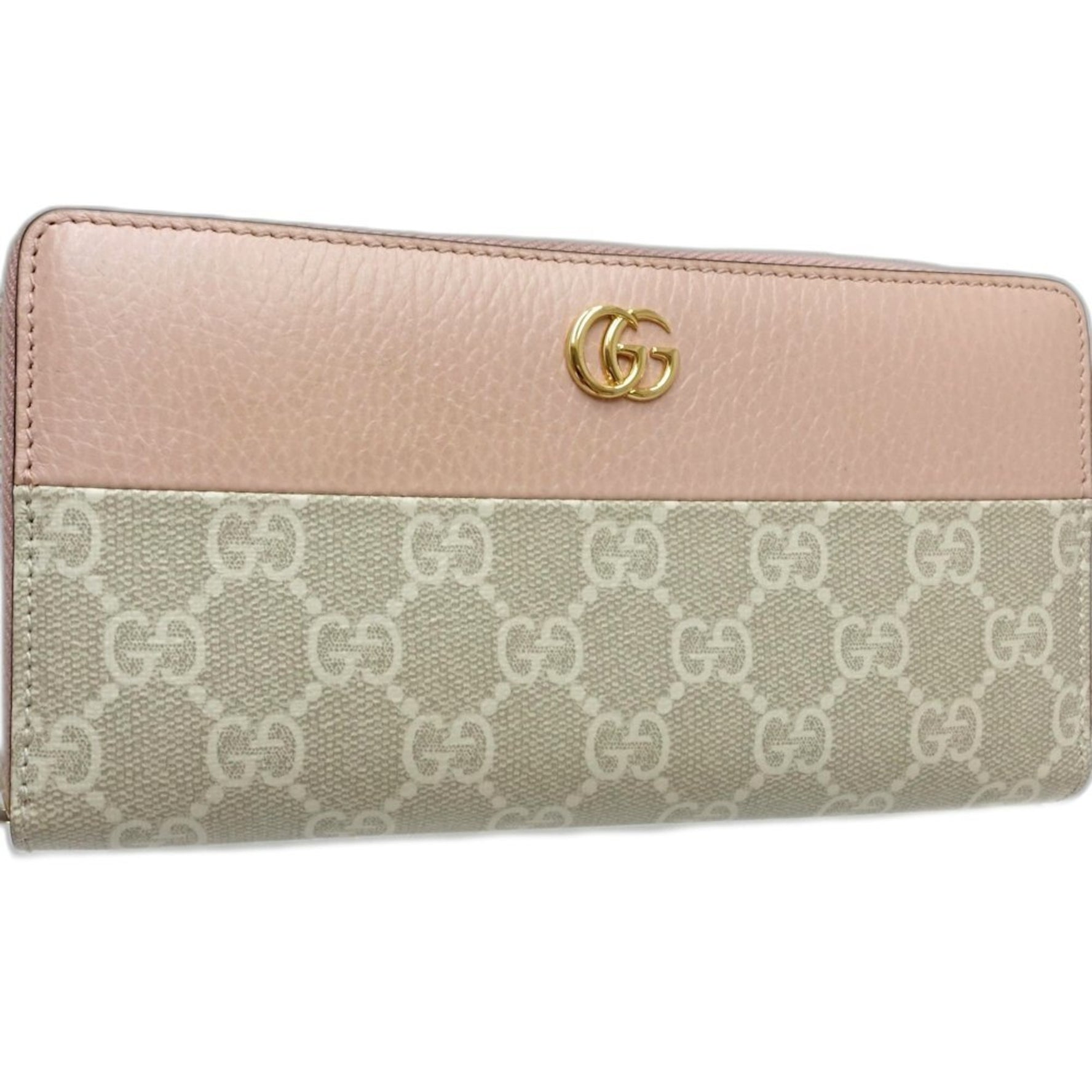 GUCCI Double G Zip Around Long Wallet GG Supreme Canvas Dusty Pink Beige