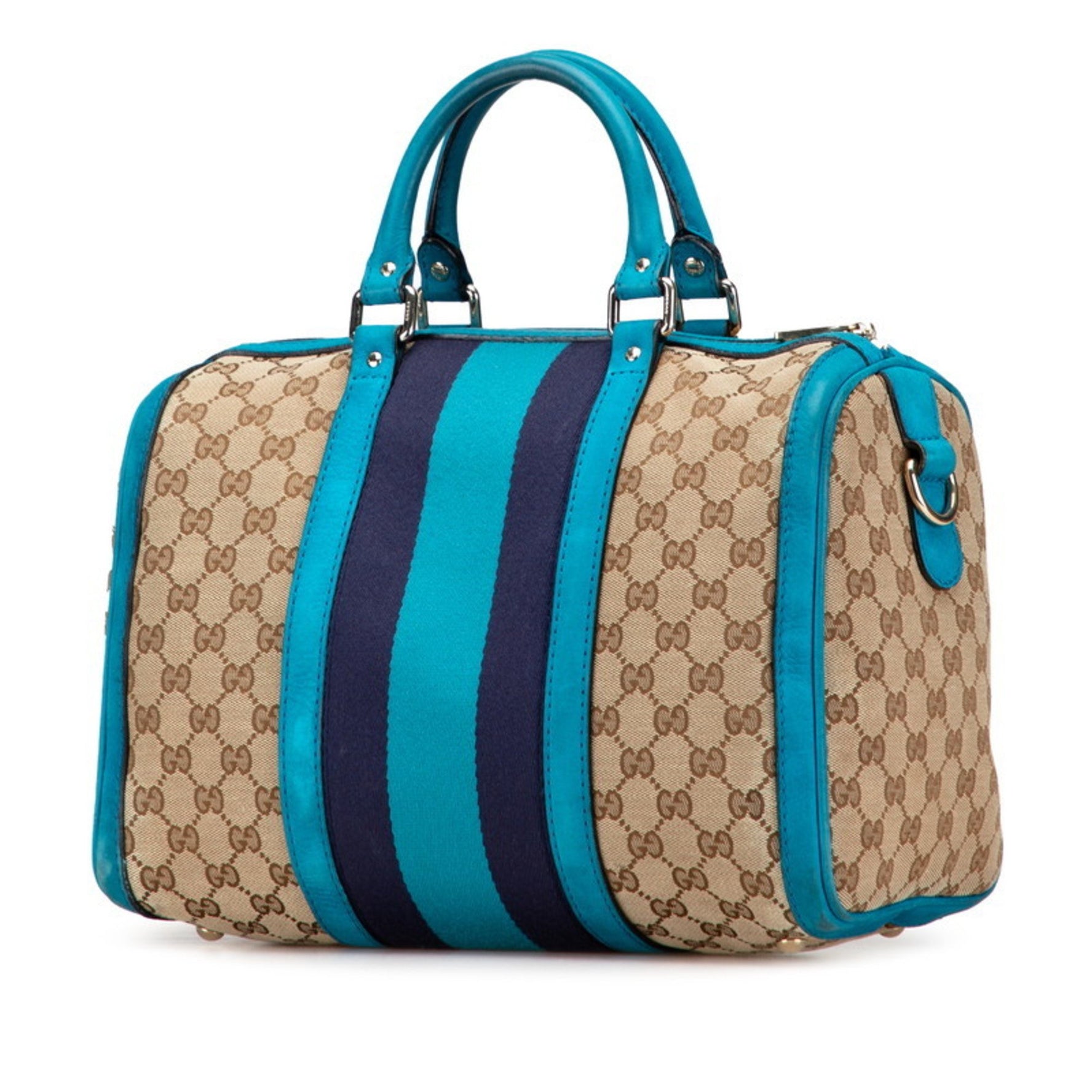 Gucci GG Canvas Mini Boston Bag/Shoulder Bag, Beige, Blue, Canvas, Leather