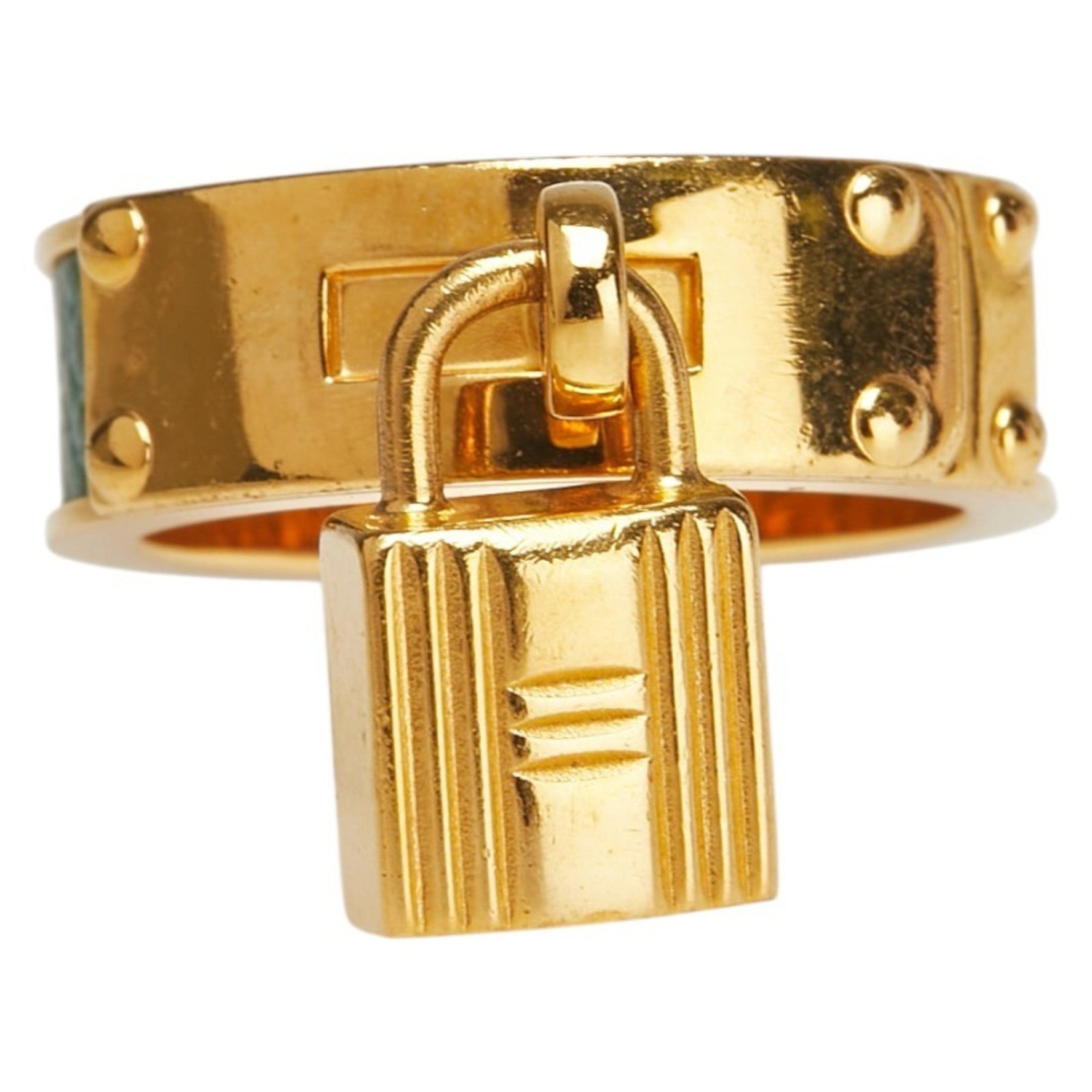 Hermes Kelly Cadena Motif Scarf Ring in Gold and Green Plated Leather