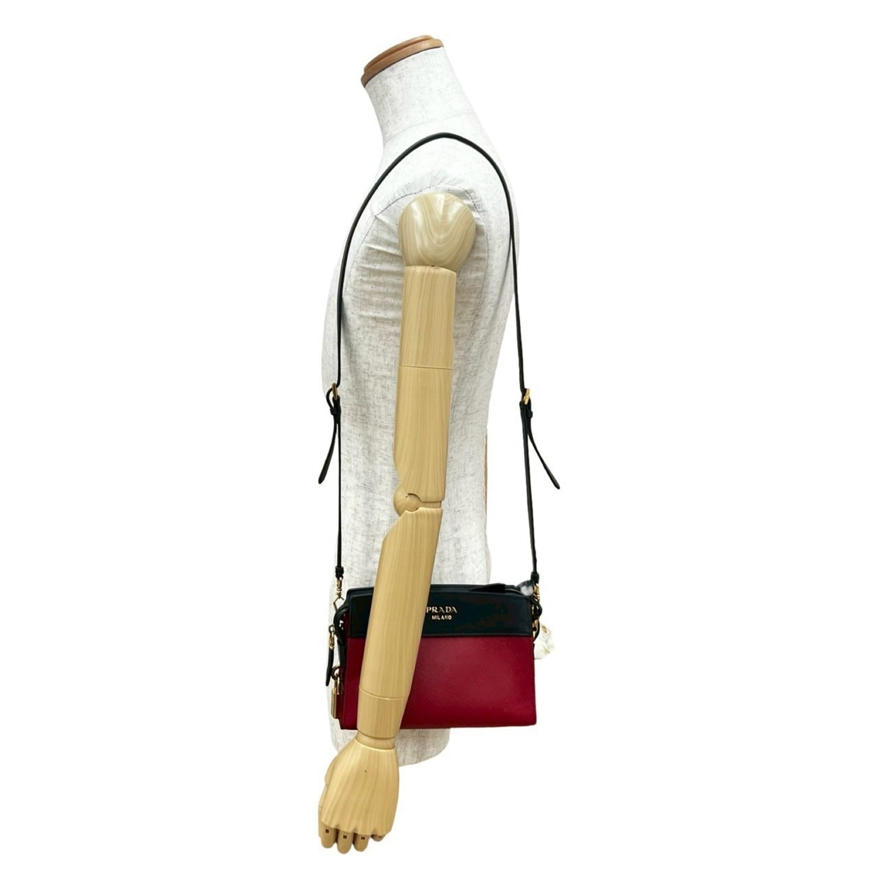 PRADA Esplanade Logo Hardware Saffiano Leather Mini Shoulder Bag Pochette Black Red 921-5