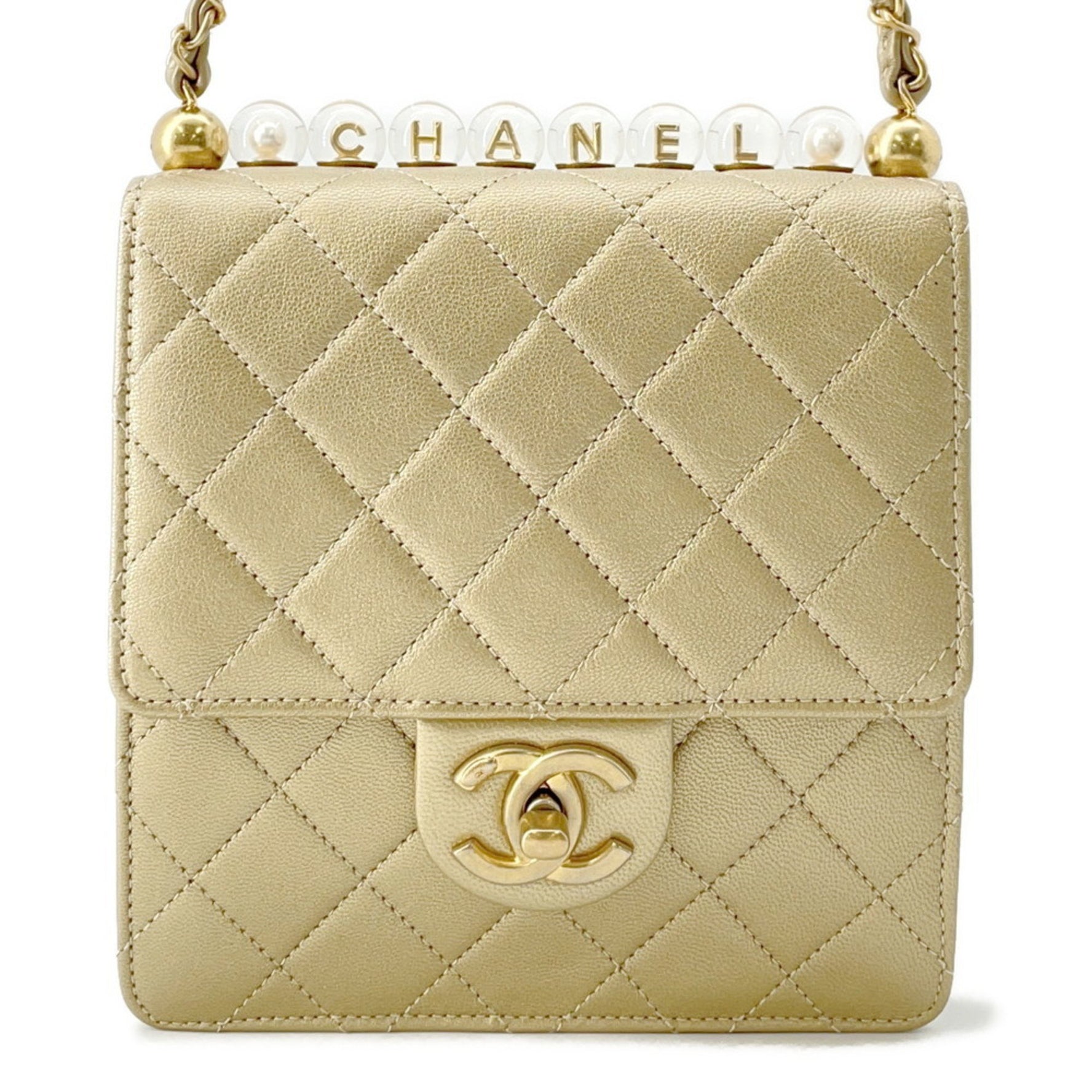 CHANEL Chain Shoulder Bag, Matelasse, Coco Mark, Clear Pearl, Goatskin, Flap Bag