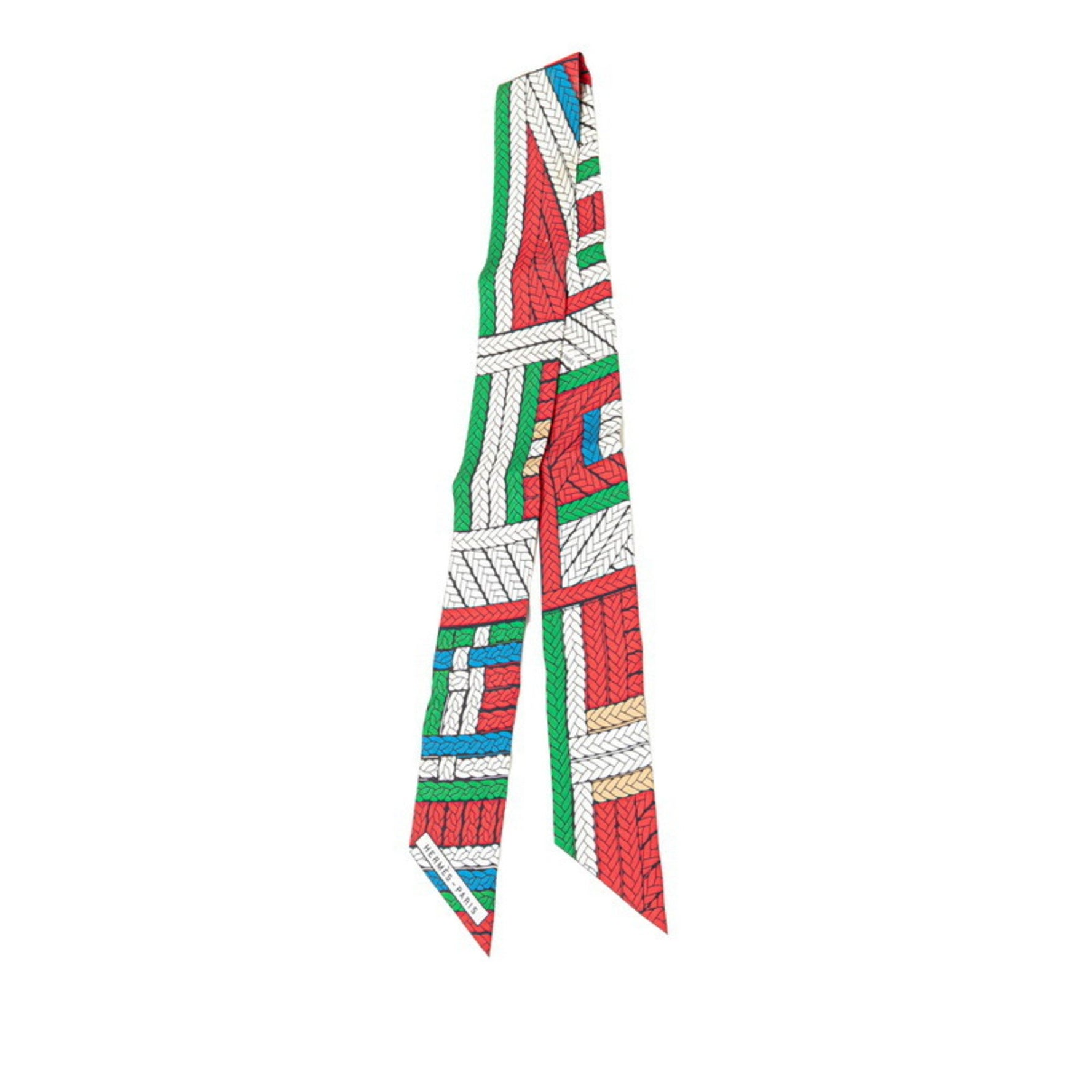 Hermès Twilly Tresses H Scarf, White and Multicolor Silk, HERMES