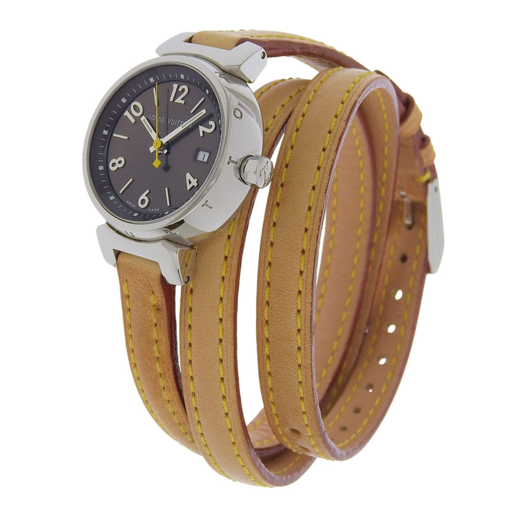 Louis Vuitton Tambour Watch Stainless Steel and Leather Quartz Movement, Analog Display, Brown Dial