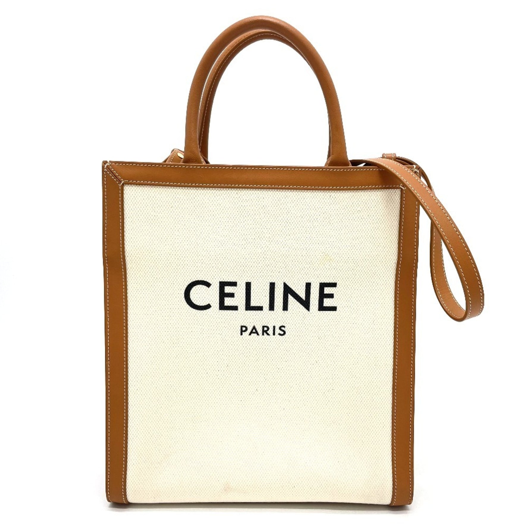 CELINE Vertical Cabas Small Tote/Shoulder Bag in Leather/Canvas, Natural and Tan