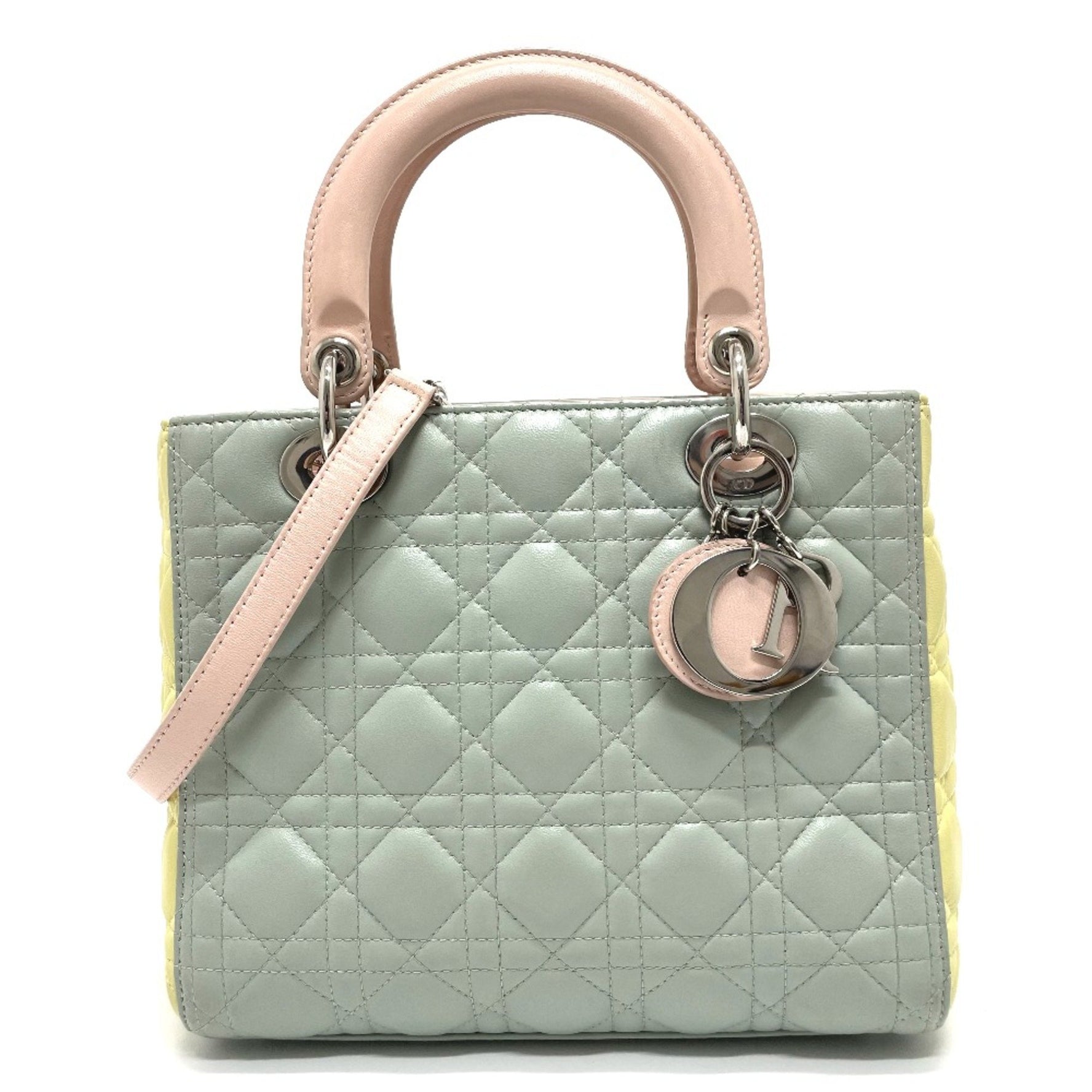 Christian Dior Cannage Bag Hand Bag Blue x Yellow x Pink