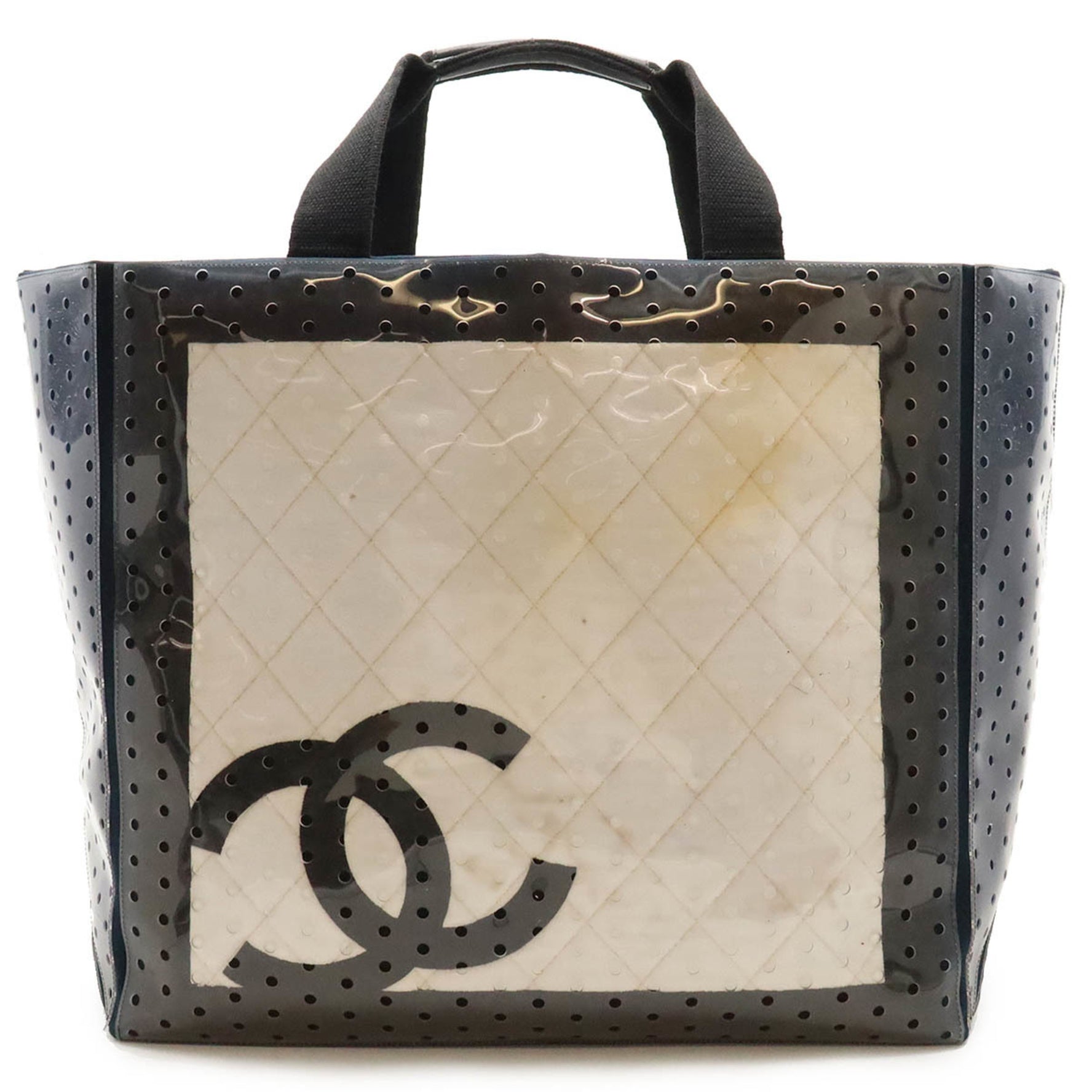 CHANEL Sport Line Coco Mark Punching Tote Bag Large Vinyl Canvas Navy Blue White