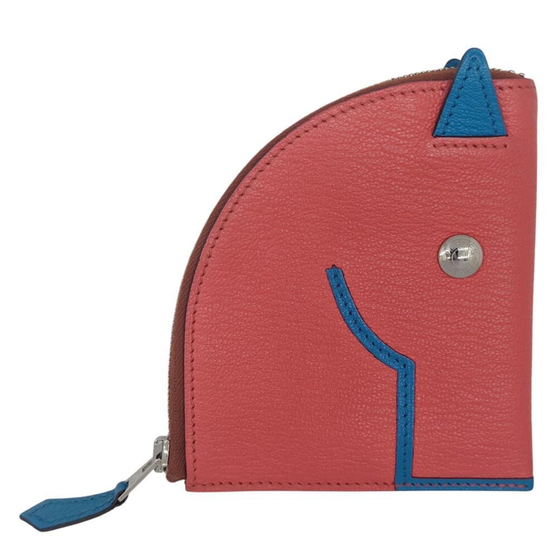 HERMES Horse Cheval Paddock Chevre Rose Texas Blue Frida Y Engraved Wallet/Coin Case Business Card Holder/Card Pink