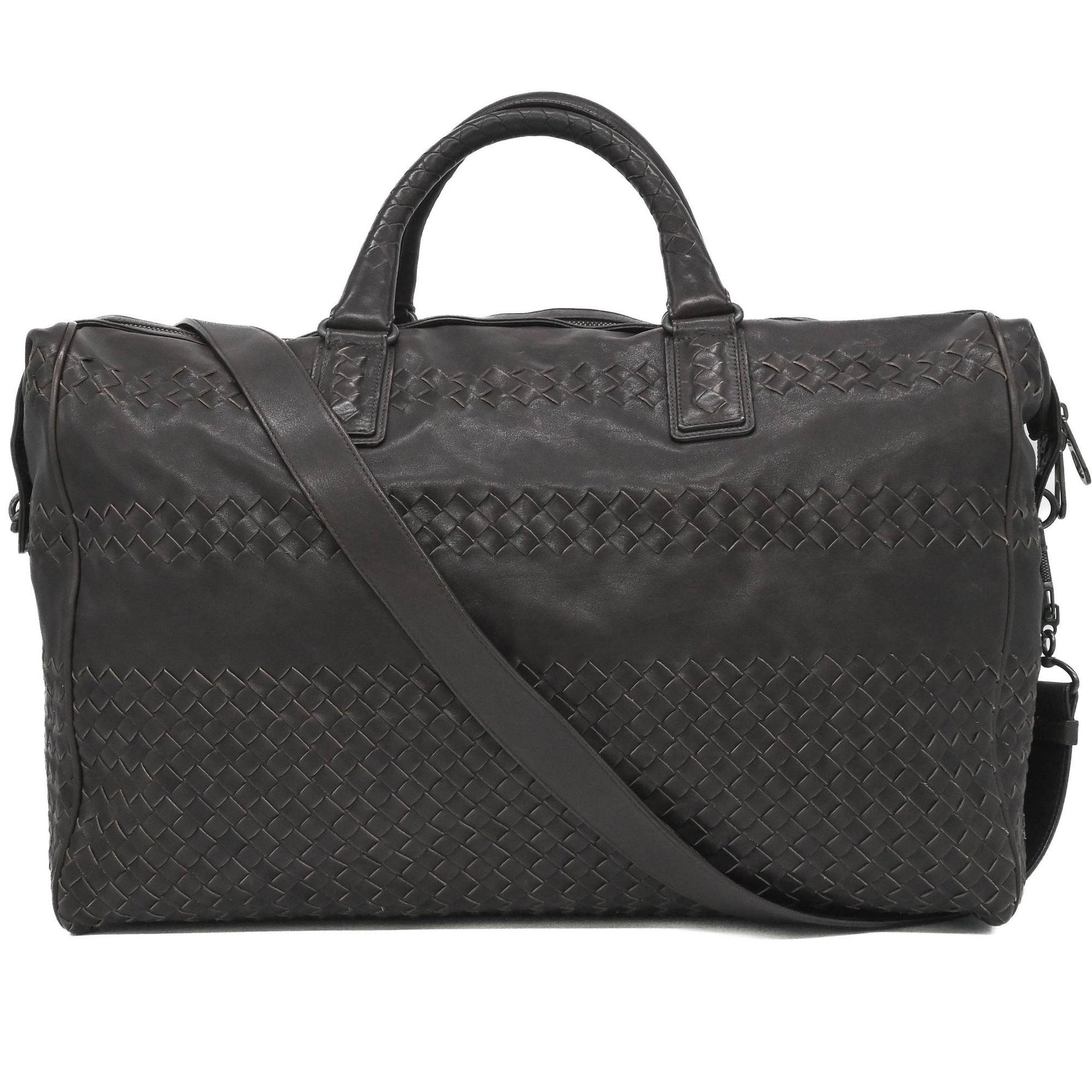 BOTTEGA VENETA Intrecciato Leather Boston Bag Dark Brown