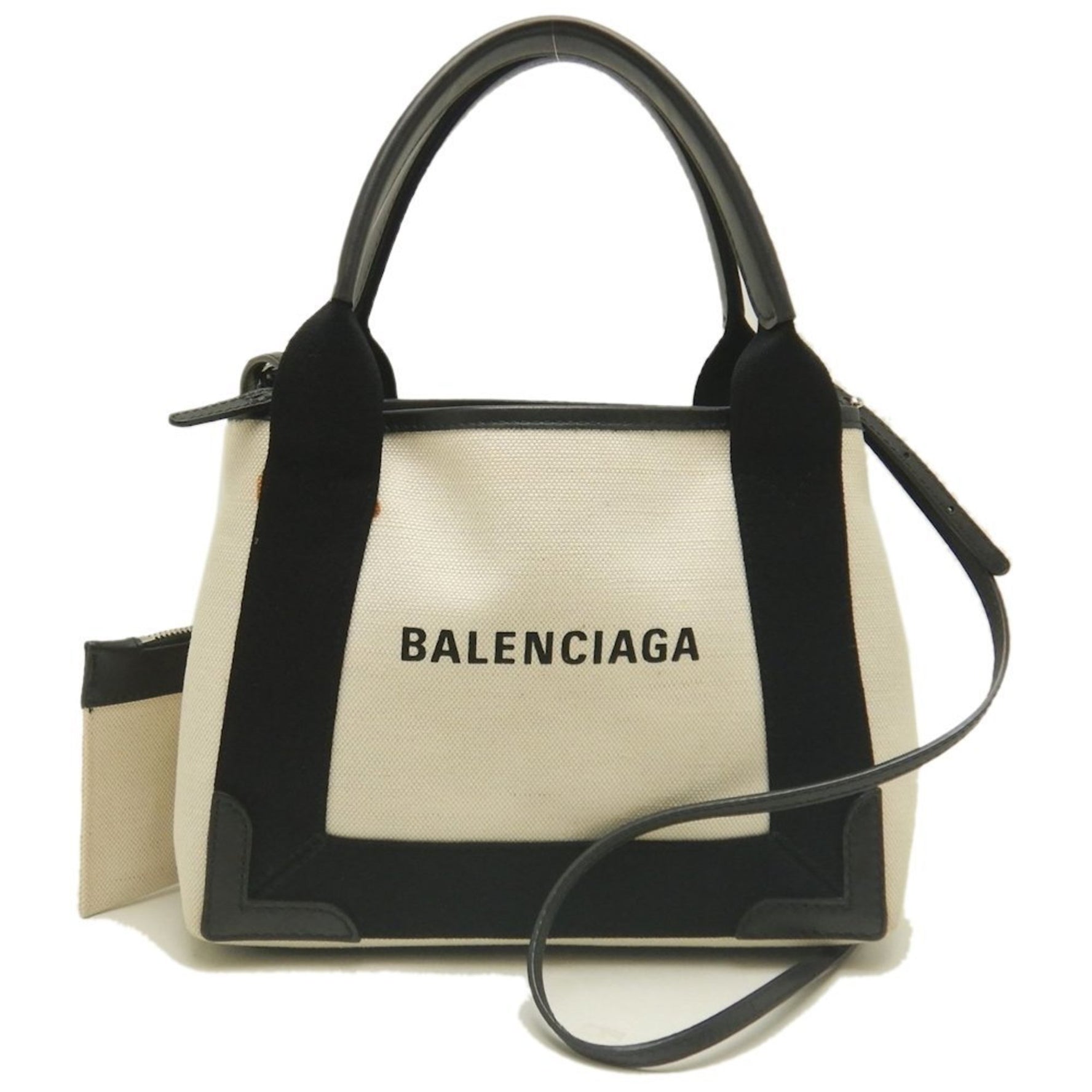 BALENCIAGA Navy Cabas XS Tote Bag Canvas and Leather, Ivory Black