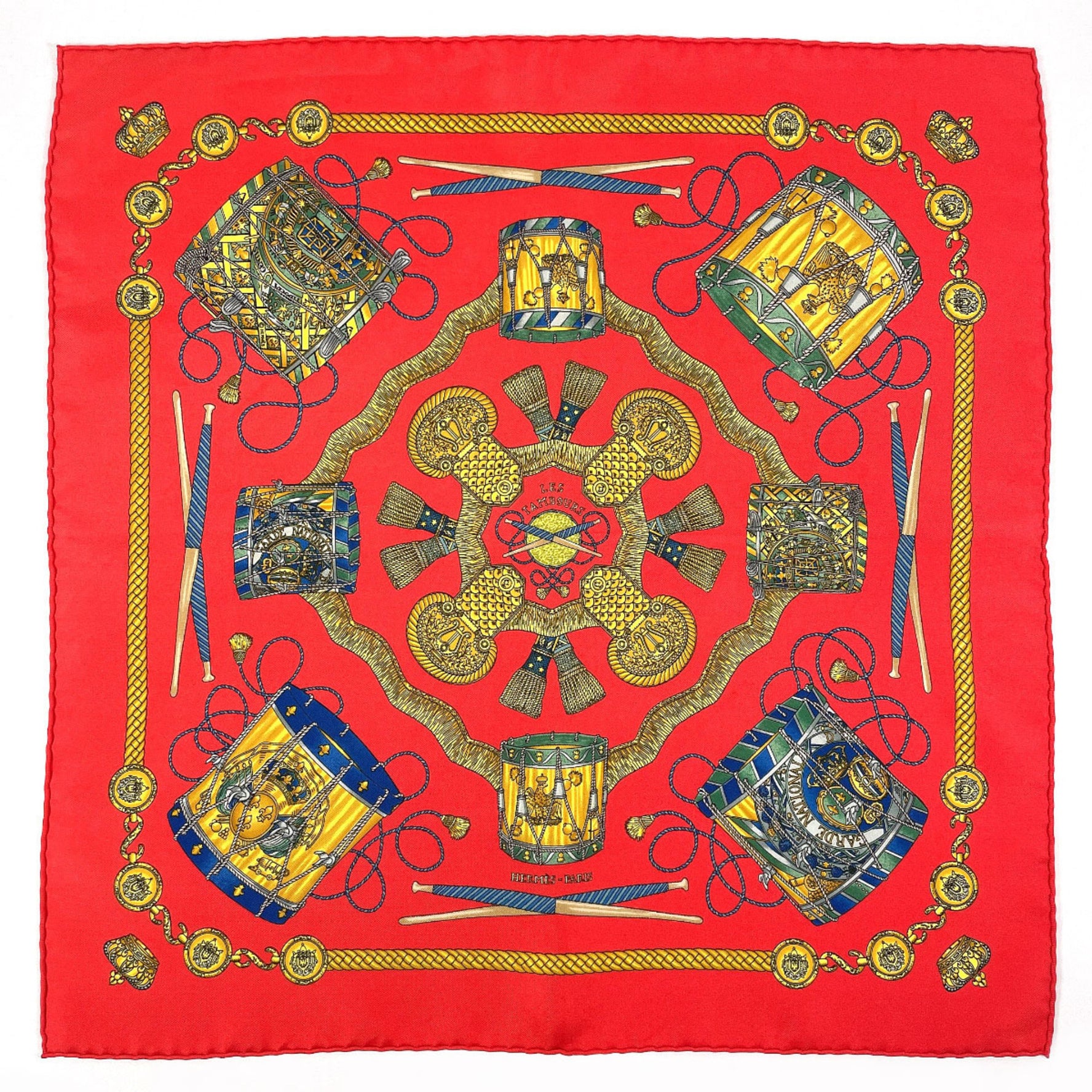 HERMES Petit Carre LES TAMBOURS Tambour Drum Scarf Muffler Silk Red