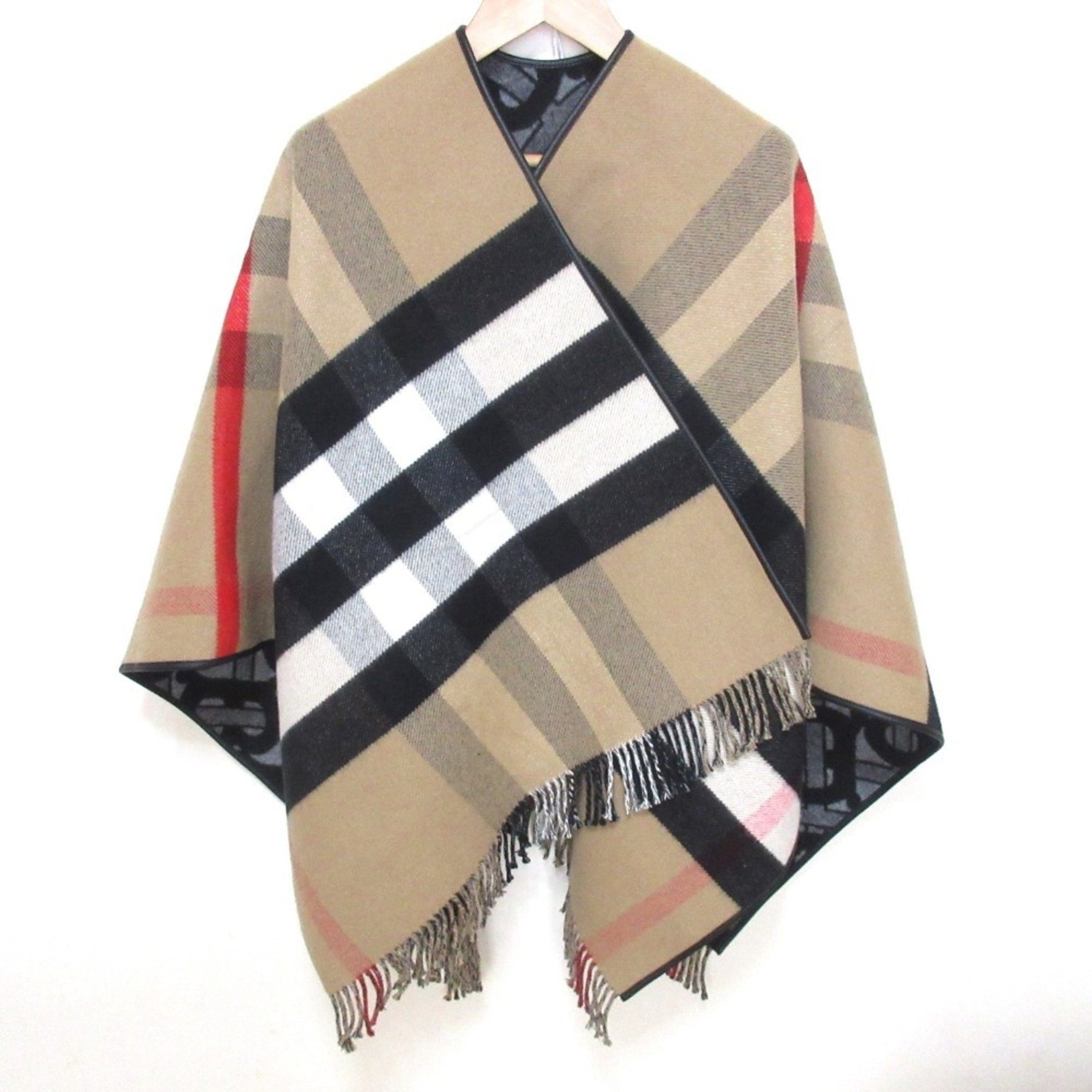 BURBERRY Nova Check Wool Cashmere TB Monogram Reversible Cape Cloak Stole/Scarf Shawl Beige x Grey Women's