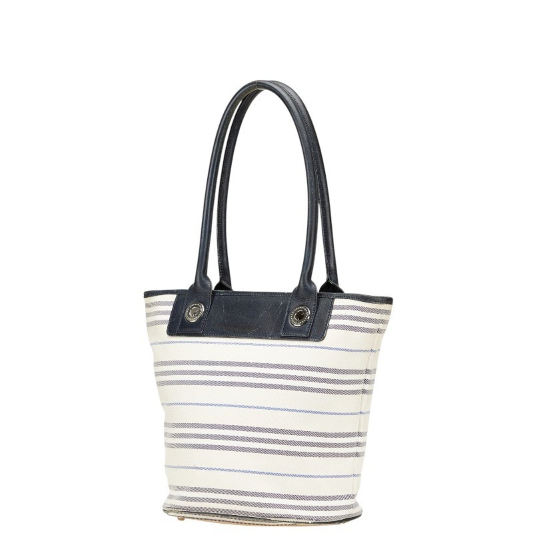 Burberry Border Tote Bag Handbag Ivory Navy Canvas Leather