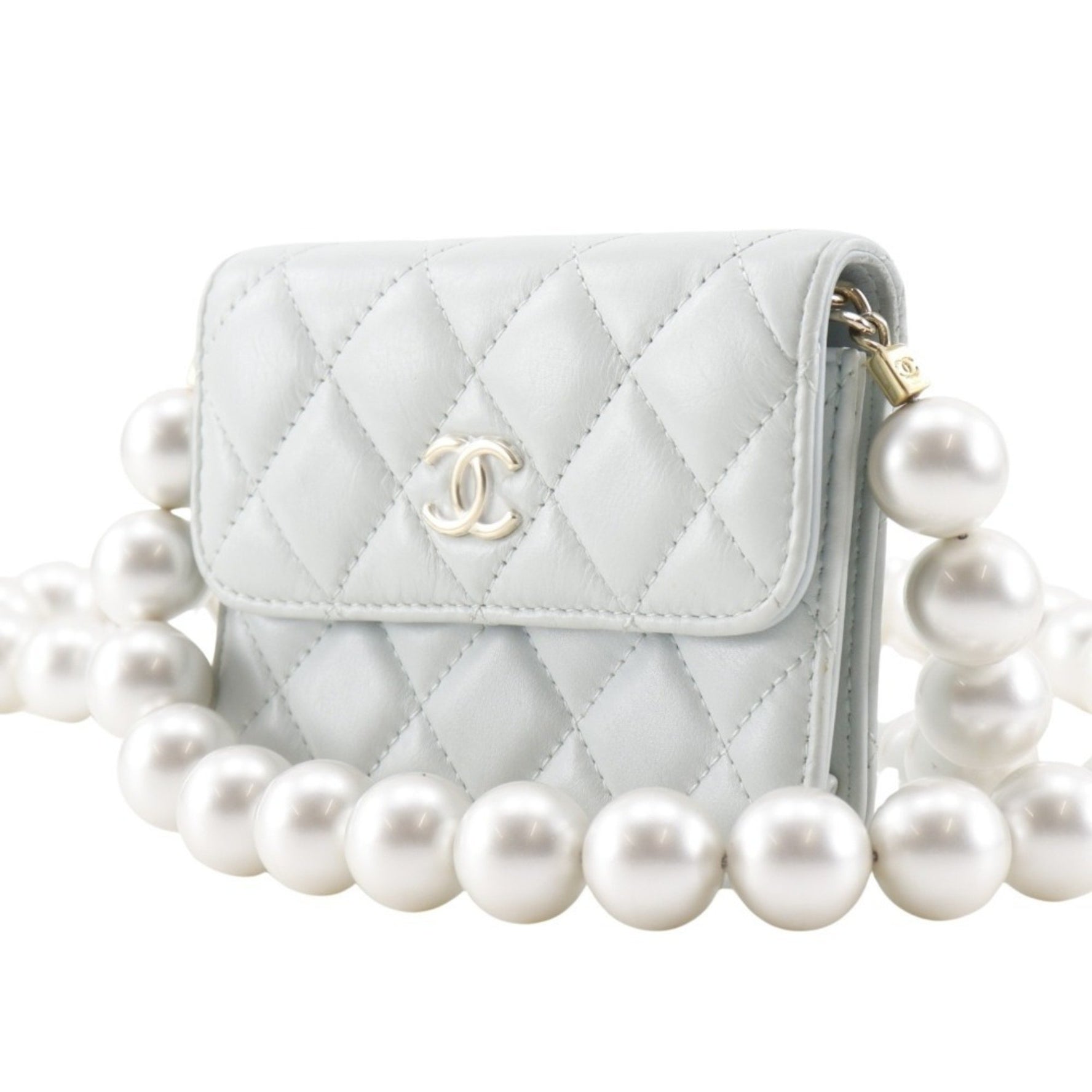 CHANEL Pearl Strap Flap Wallet Shoulder Bag Matelasse Leather and Faux Light Blue Magnetic Attachment