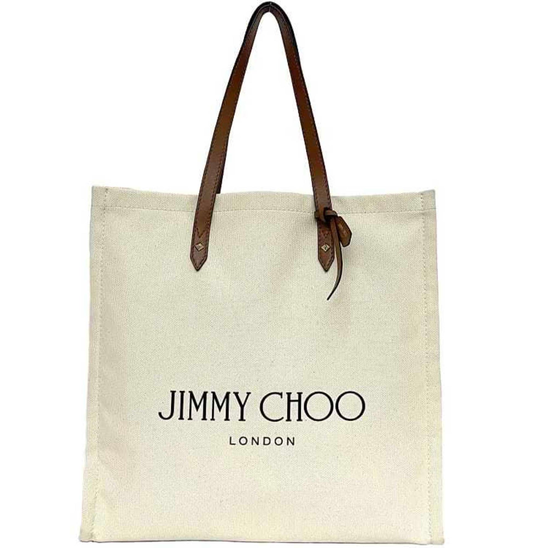 Jimmy Choo Tote Bag Natural White Brown Canvas Leather Unisex
