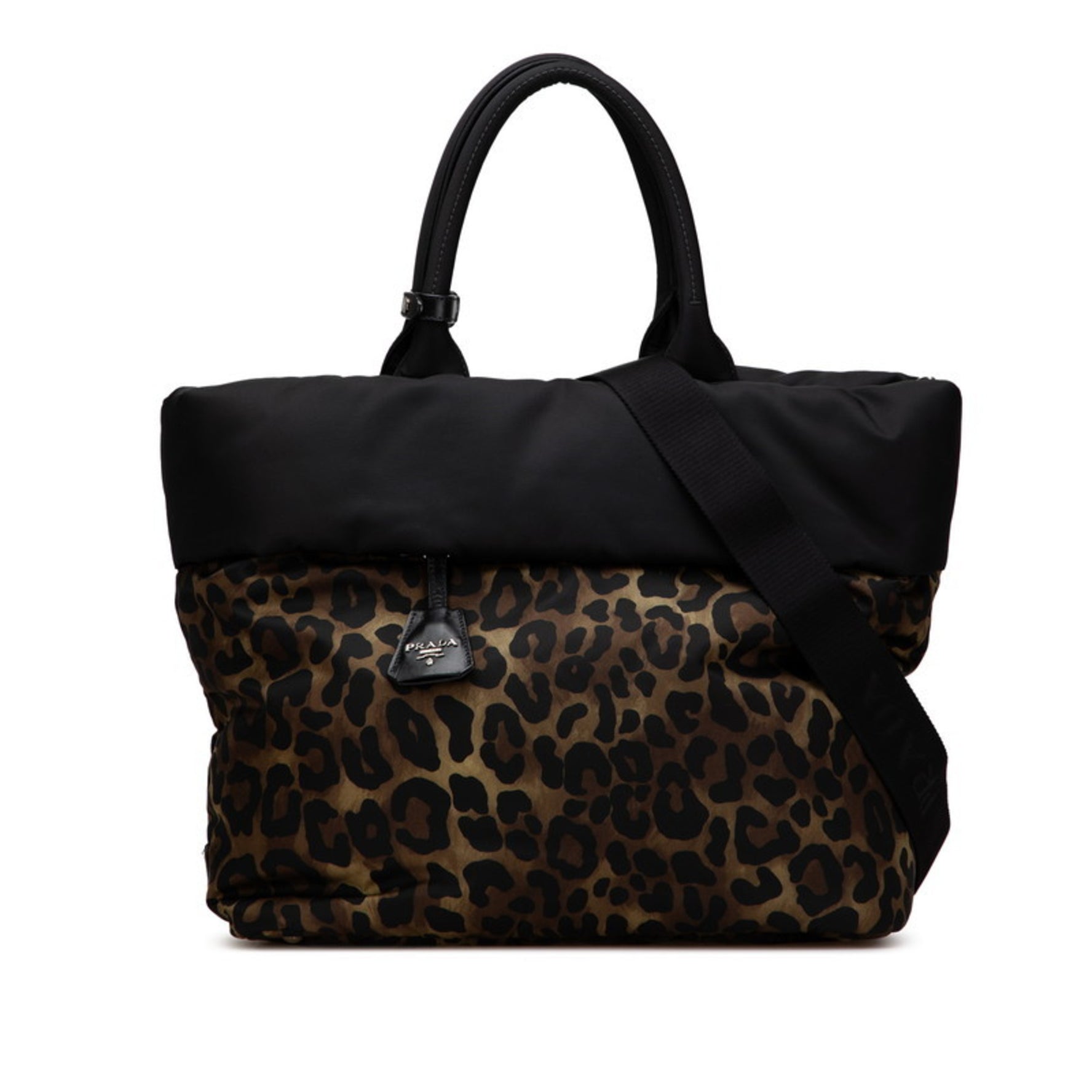 Prada Triangle Logo Plate Leopard Print Reversible Handbag/Shoulder Bag, 2-Way, Khaki Green/Black Nylon, B1959V, Women's