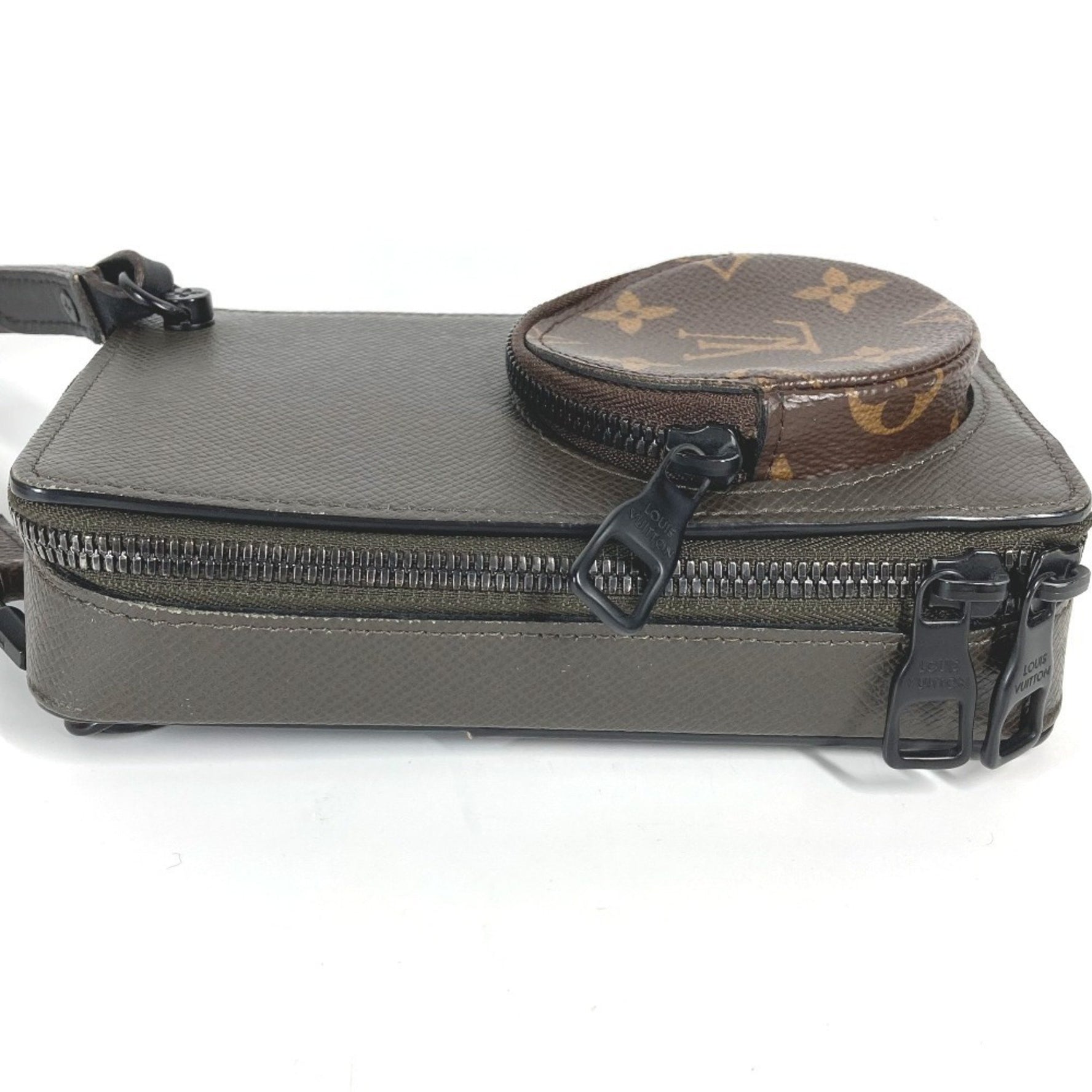 LOUIS VUITTON Taiga Monogram Phone Box Pochette Shoulder Bag in Leather/Monogram Canvas, Unisex, Brown