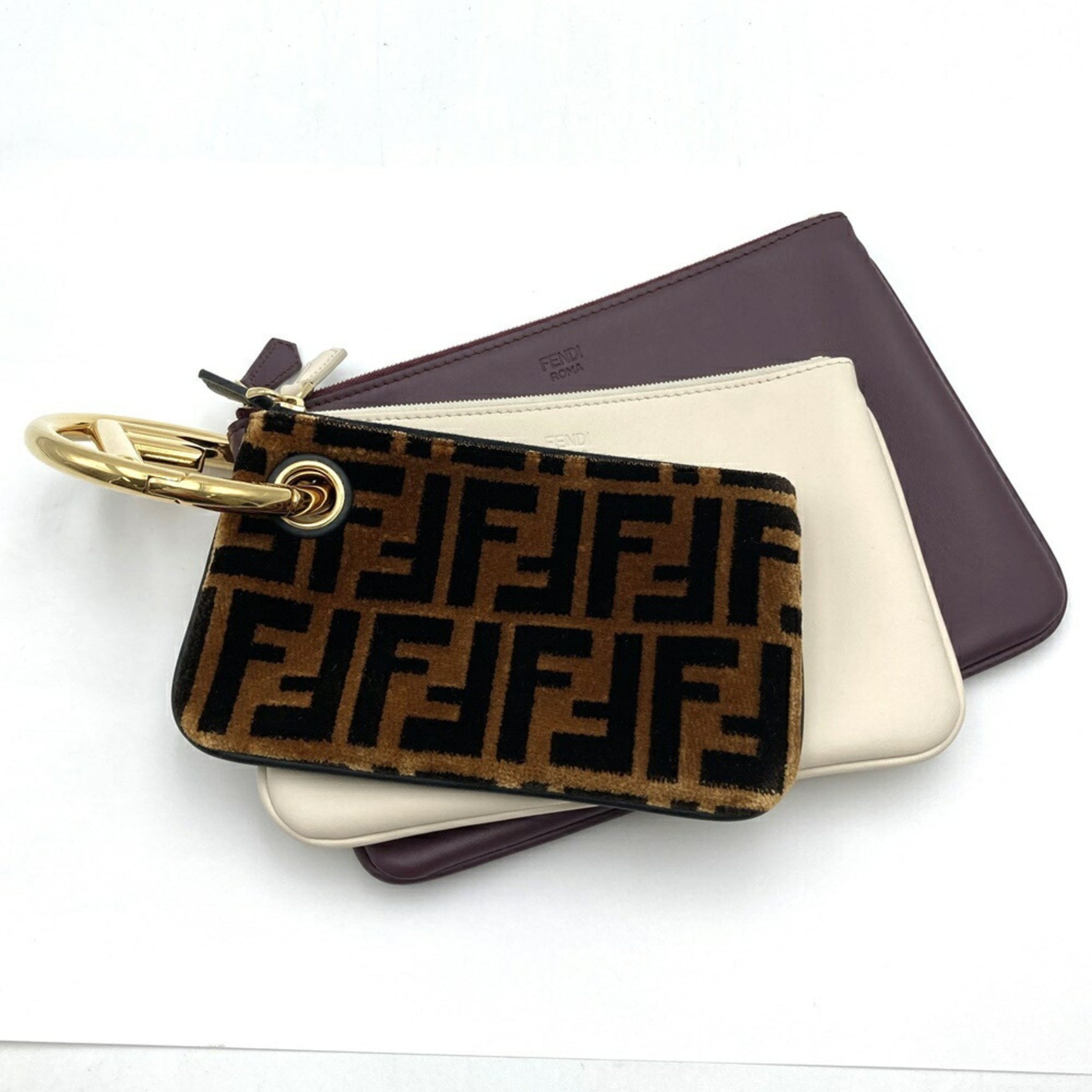 FENDI Triplet Triple Pouch Clutch Bag in Zucca, Brown/White/Bordeaux