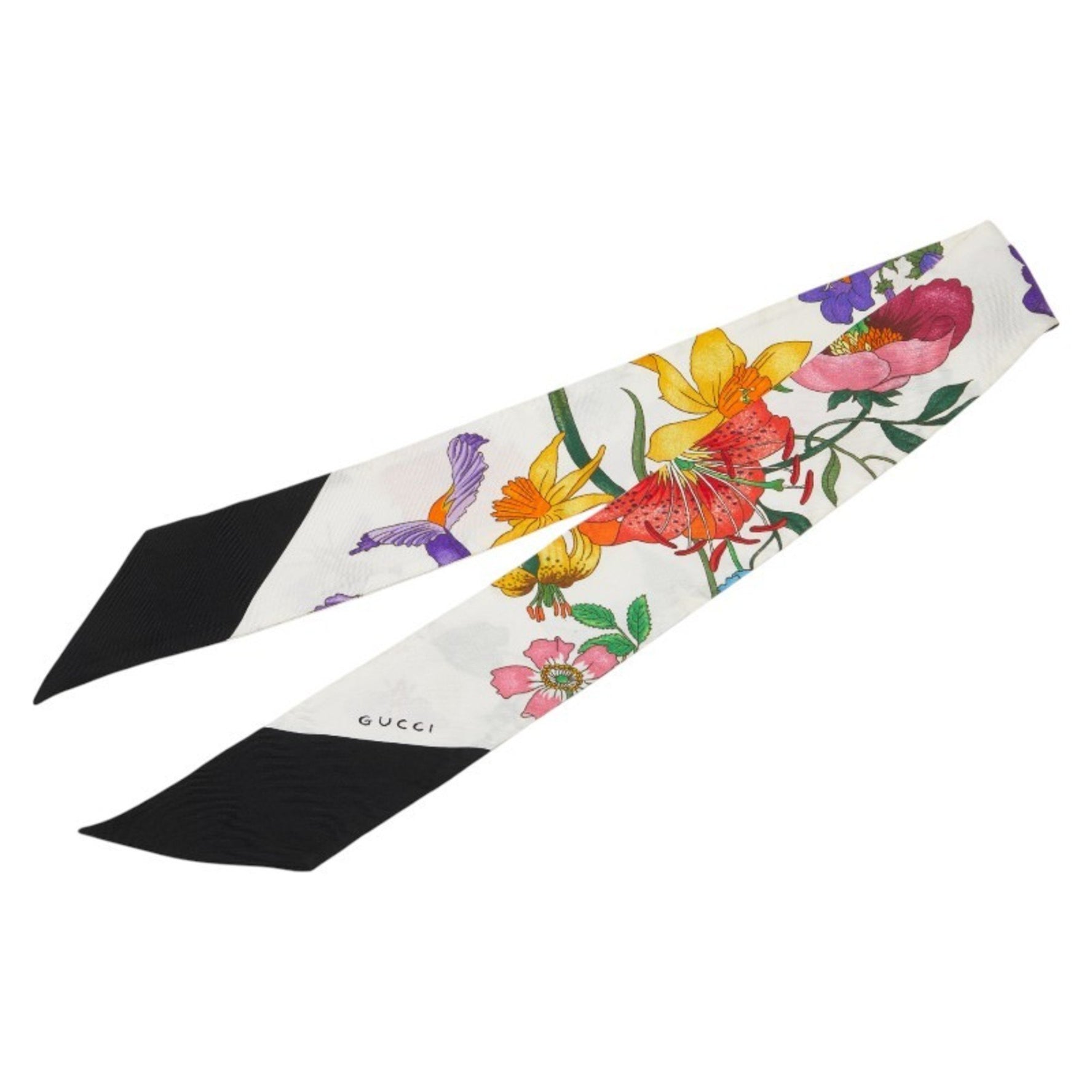 Gucci Flora Botanical Flower Neck Bow Scarf, Ivory and Multicolor Silk