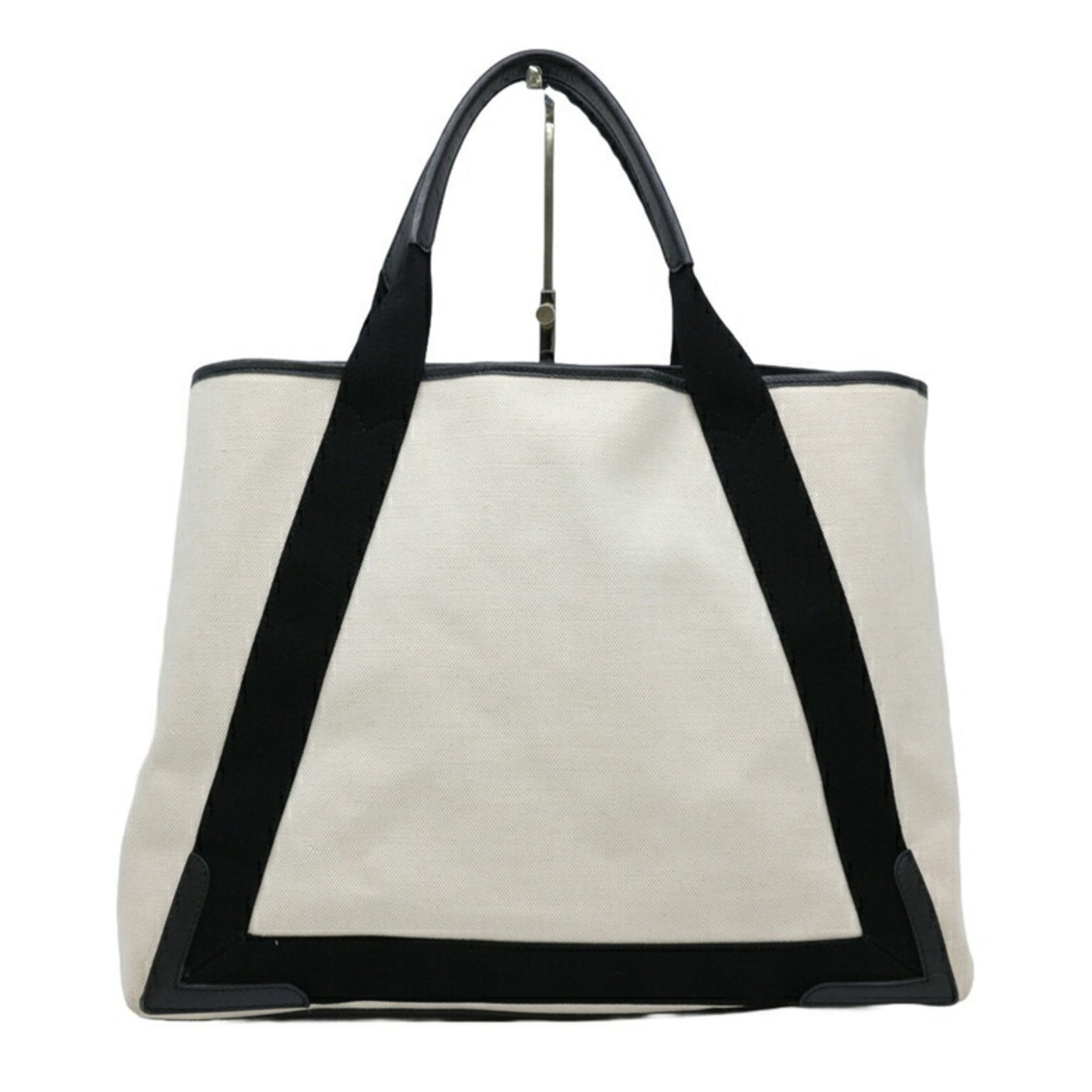 BALENCIAGA Navy Cabas Tote Bag Leather Canvas Women's White Ivory