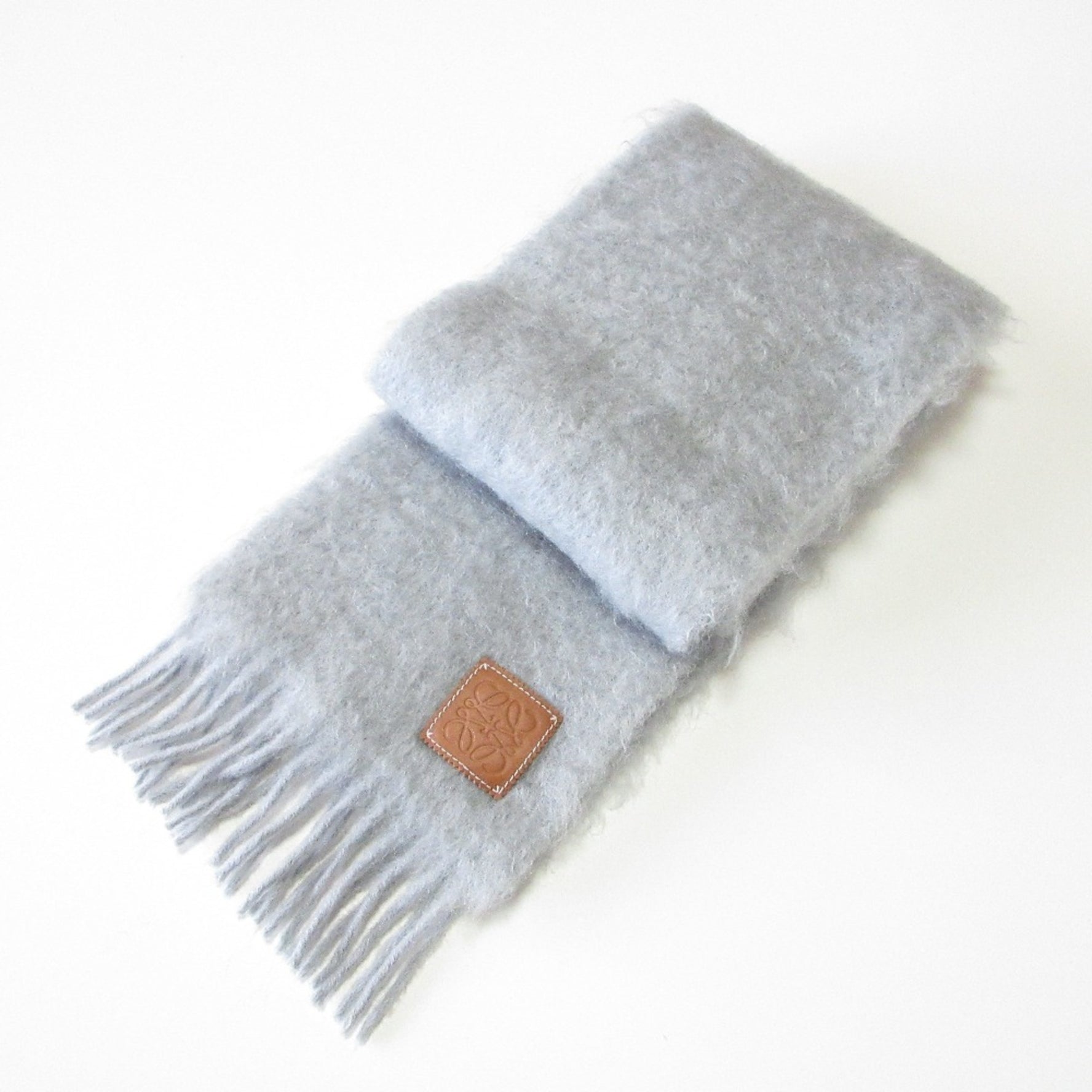 LOEWE Anagram Leather Patch Mohair Wool Shaggy Scarf Grey