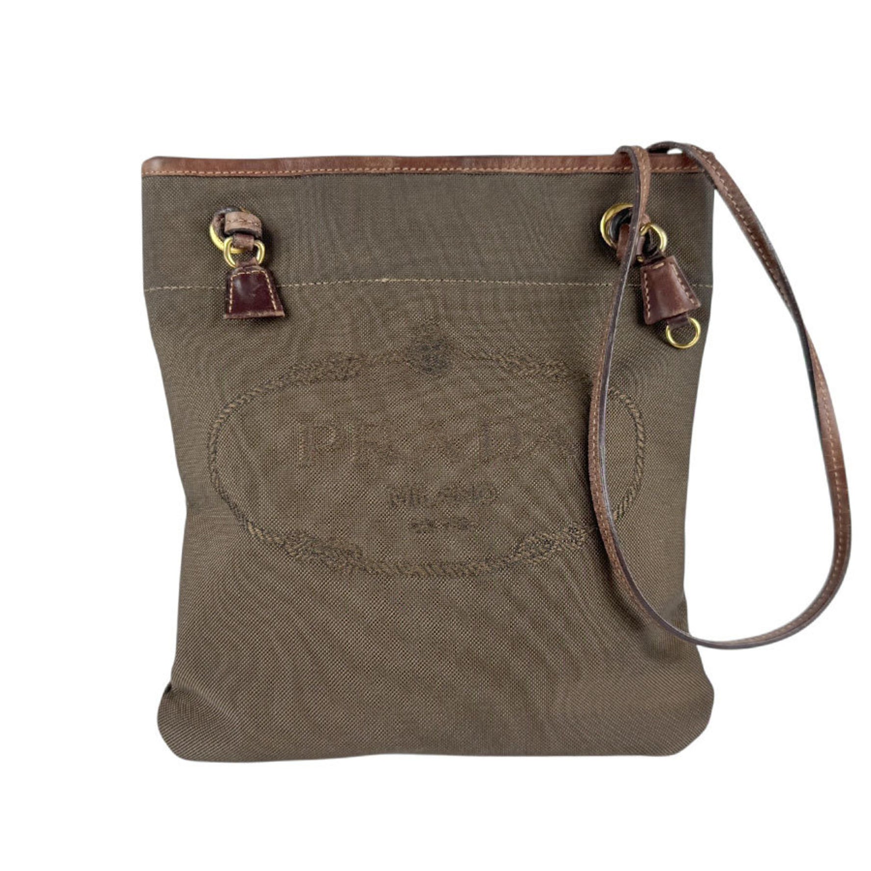 Prada Shoulder Bag, Jacquard Canvas and Leather, Brown, Women's, Z6678