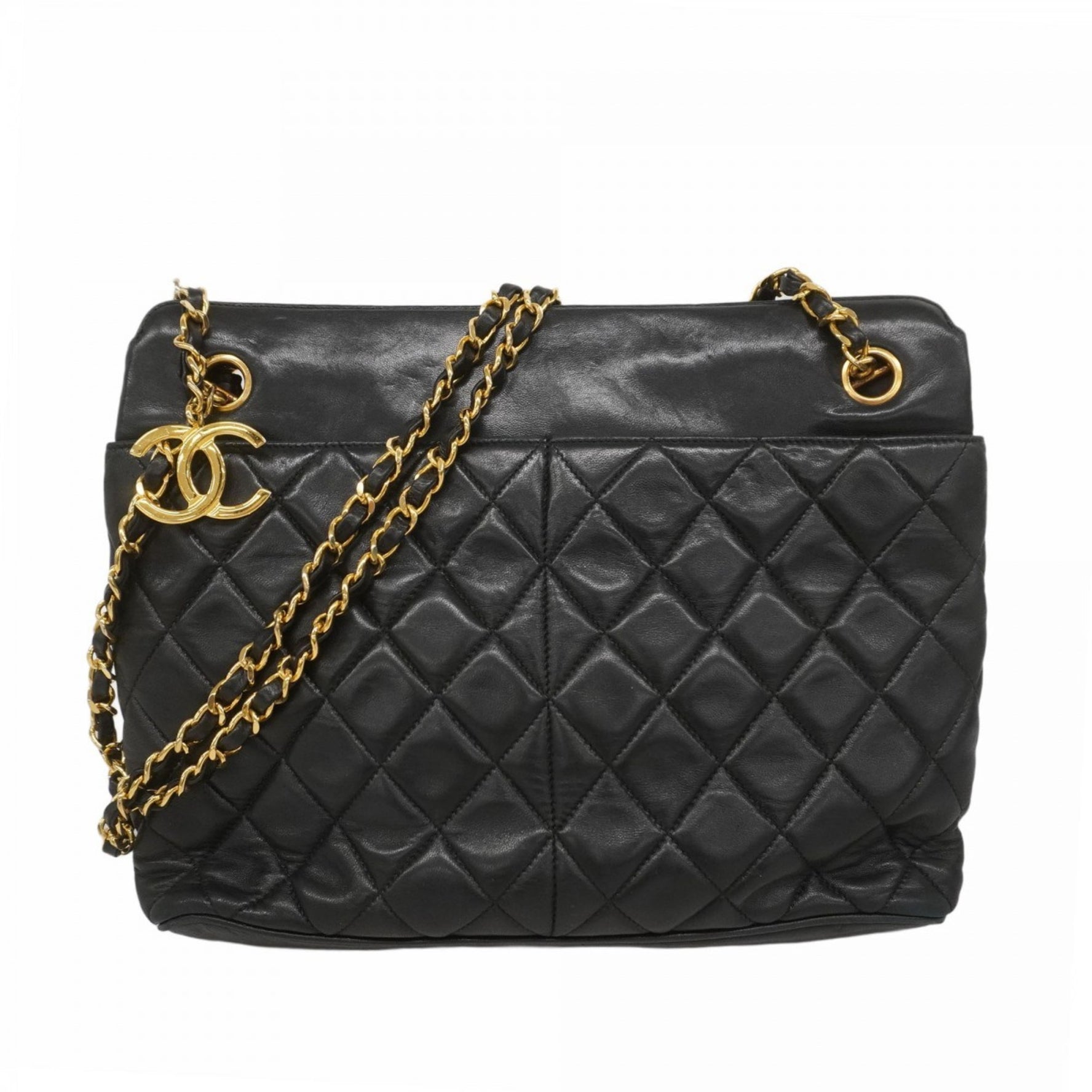 Chanel Matelasse Shoulder Bag with Chain Bag, Lambskin, Black, Women's