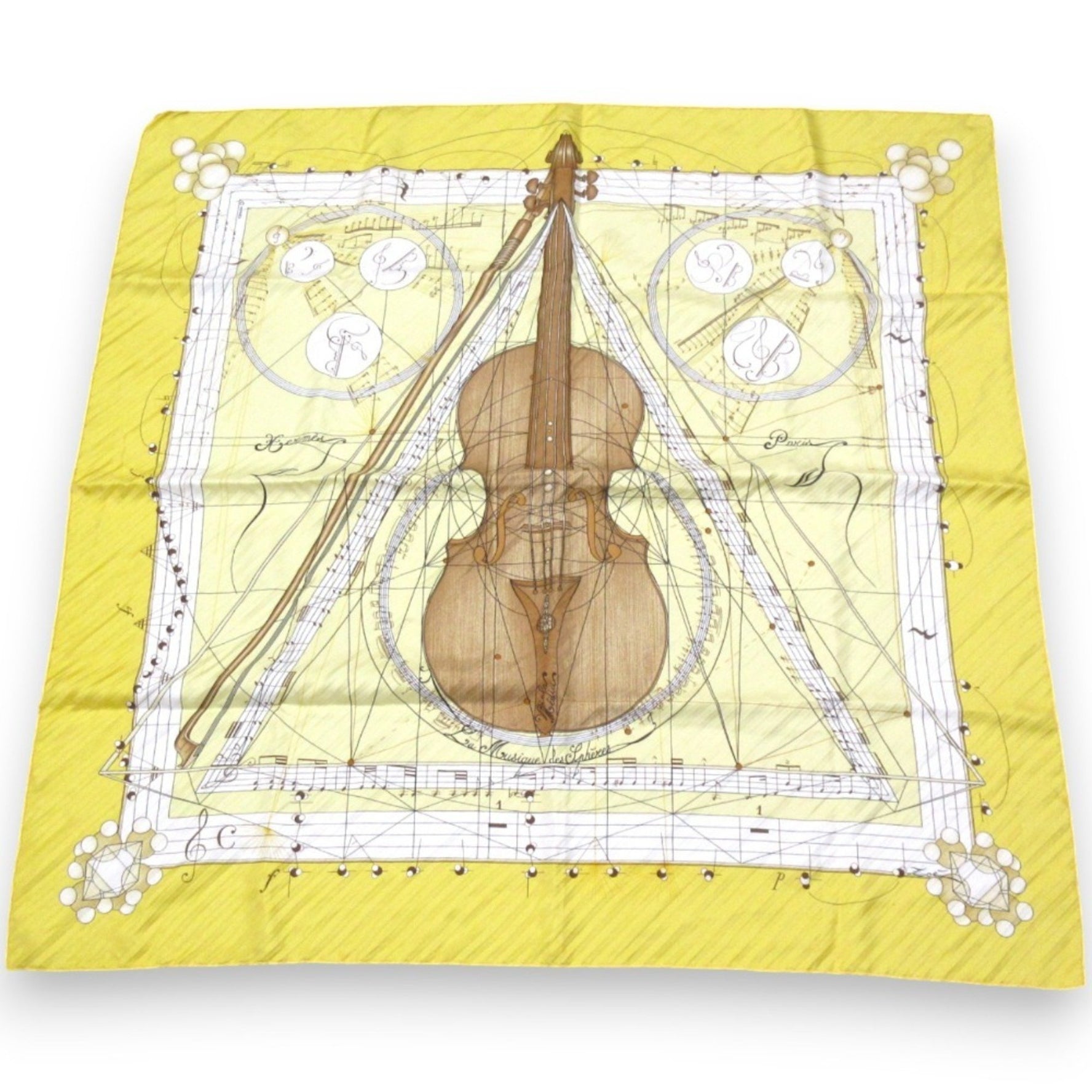 HERMES La Musique des Spheres, Music of the Carré 90, 100% Silk Scarf, Yellow, Women's