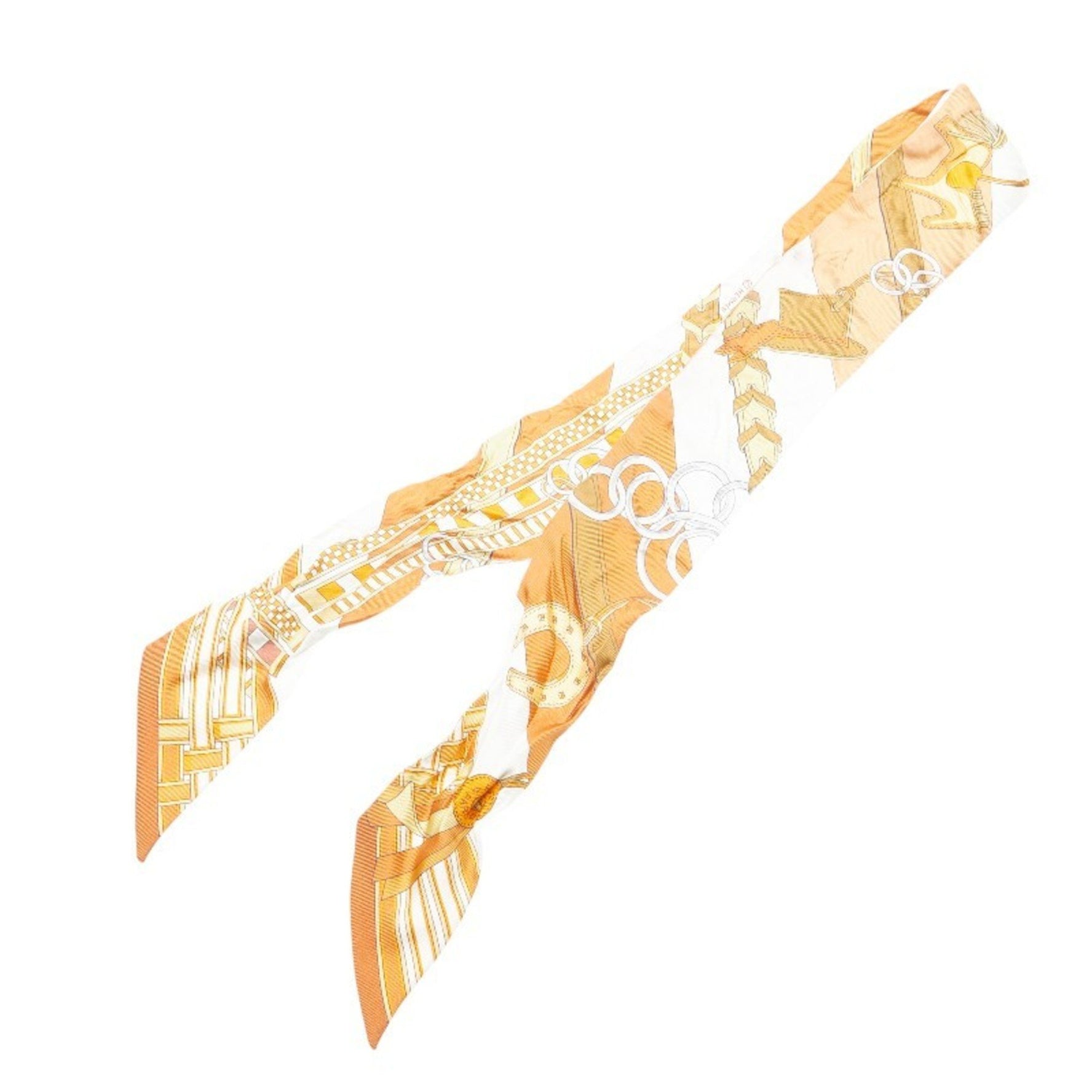 Hermes Twilly BRIDES ET GRIS Bridle and Charm Scarf Muffler Caramel White Bronze Silk Women's HERMES