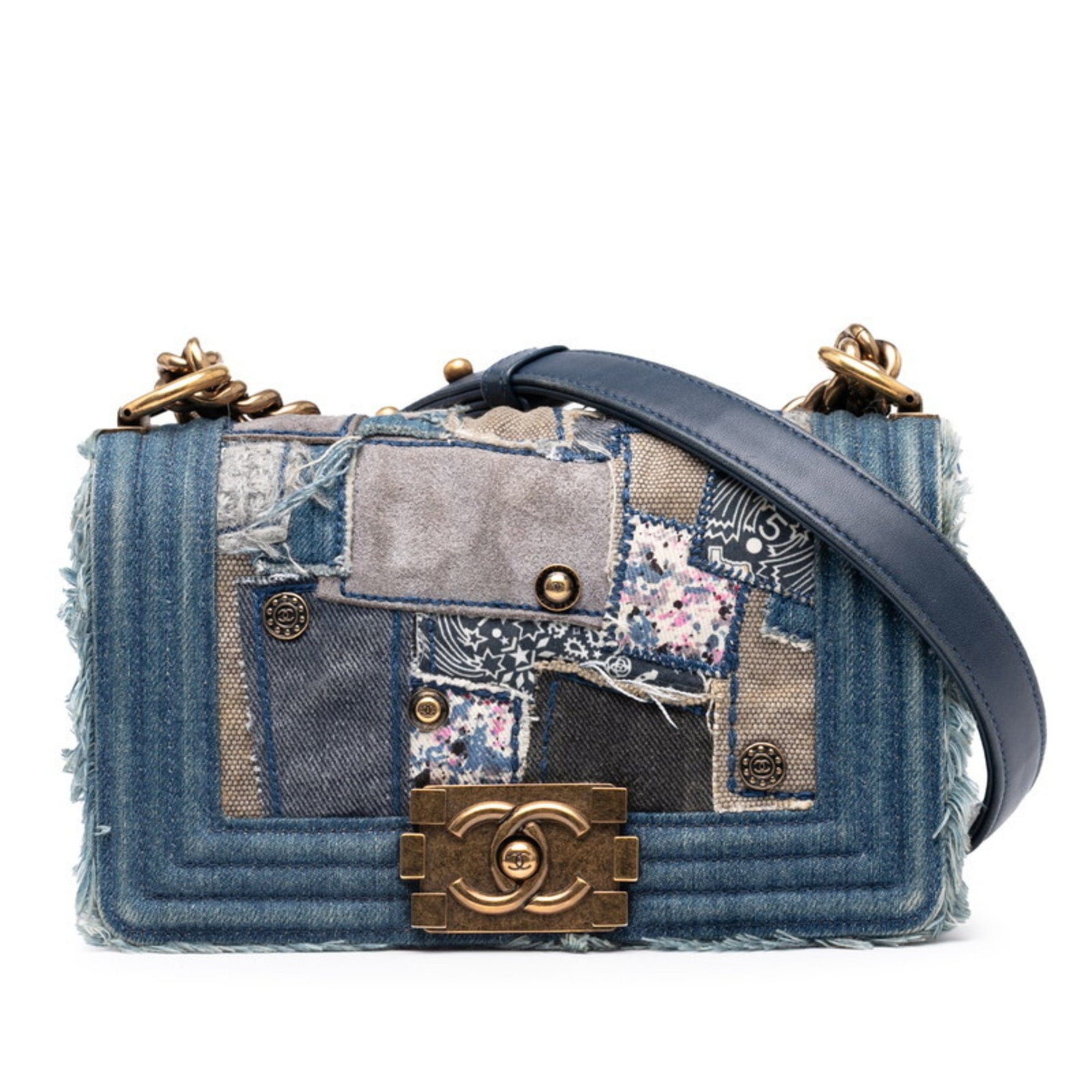 CHANEL Boy Patchwork Chain Shoulder Bag Blue Gold Denim