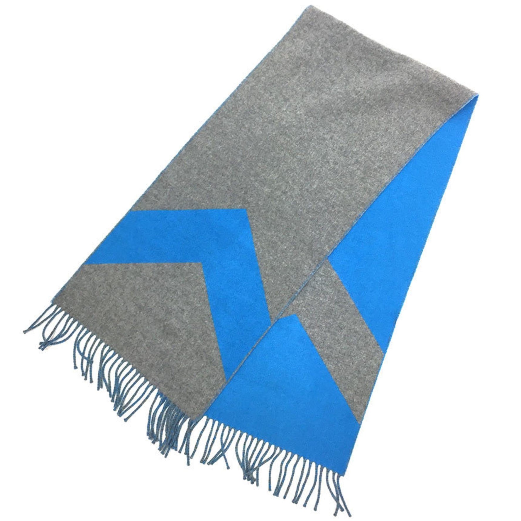HERMES Hermes Cashmere Scarf Casaque Chevron Bicolor Stole Shawl Gray x Blue Unisex Men's Women's