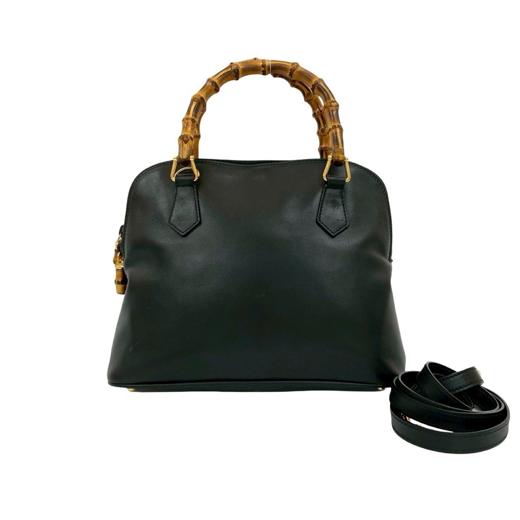 GUCCI Old Gucci Bamboo Leather Genuine 2-Way Handbag/Shoulder Bag Black 147-4