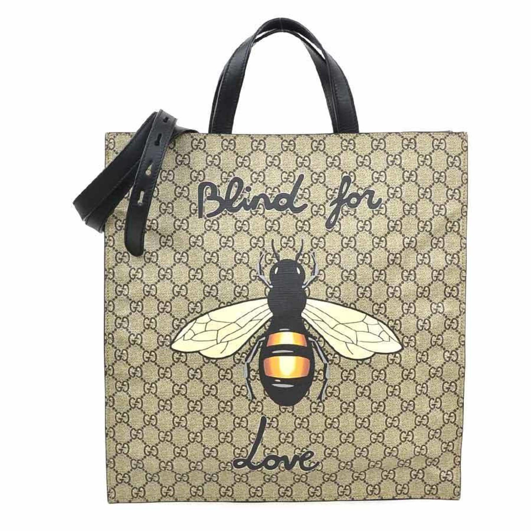 GUCCI Handbag Shoulder Bag Bee Print GG Supreme Canvas Leather Black x Brown