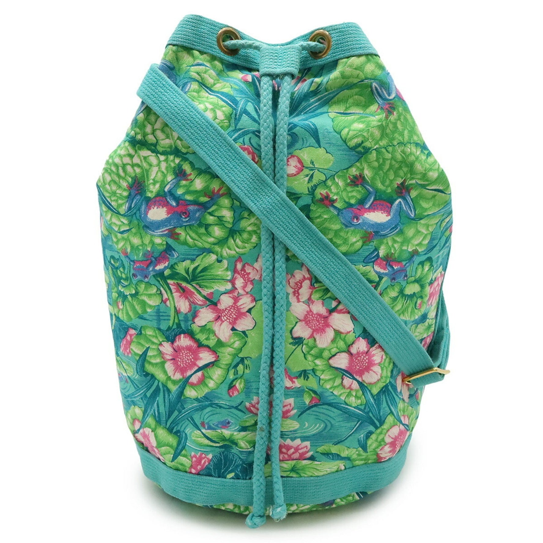 HERMES Shoulder Bag, Frog Print, Flower Canvas, Green, Multicolor