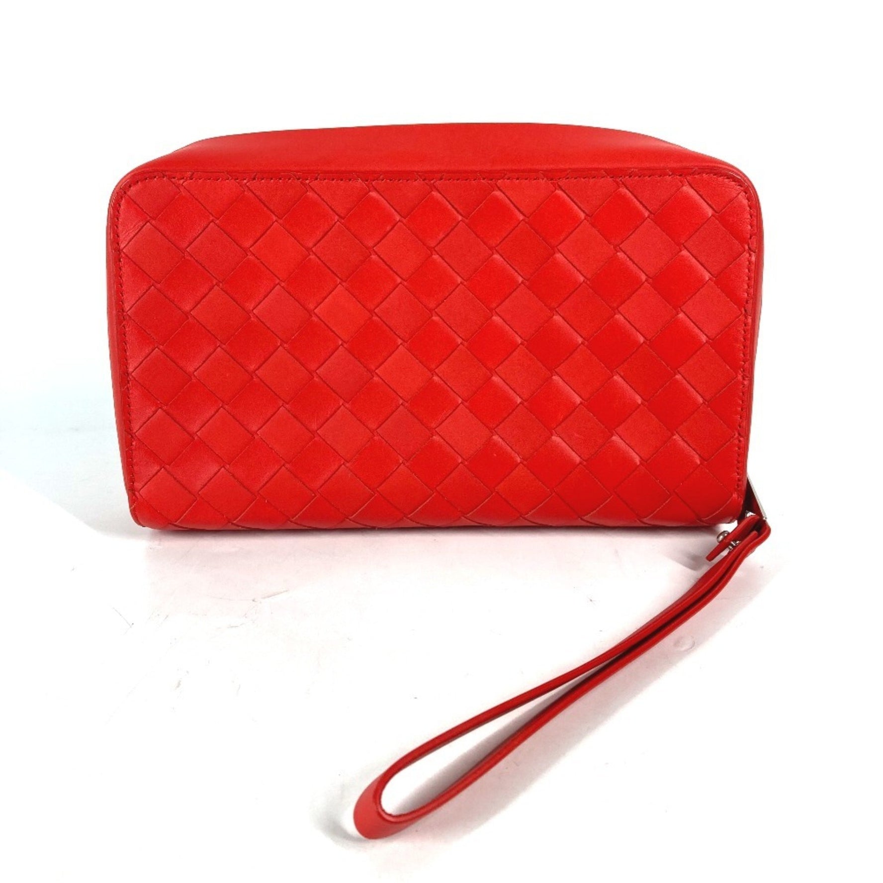 BOTTEGA VENETA Intrecciato Leather Clutch Bag with Strap, Men's, Tomato Red
