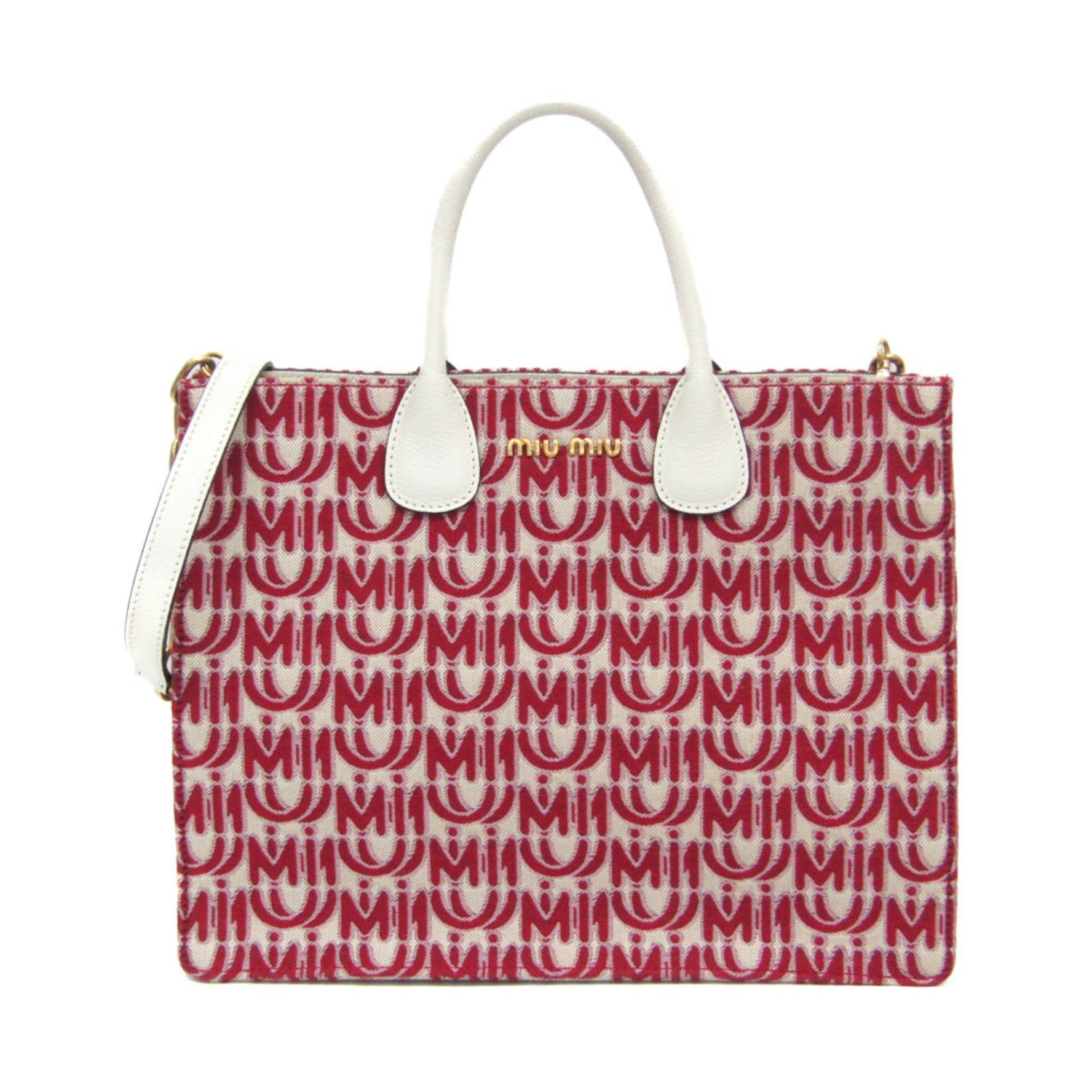 Miu Miu Jacquard,Leather Shoulder Bag,Tote Bag Red Color,White
