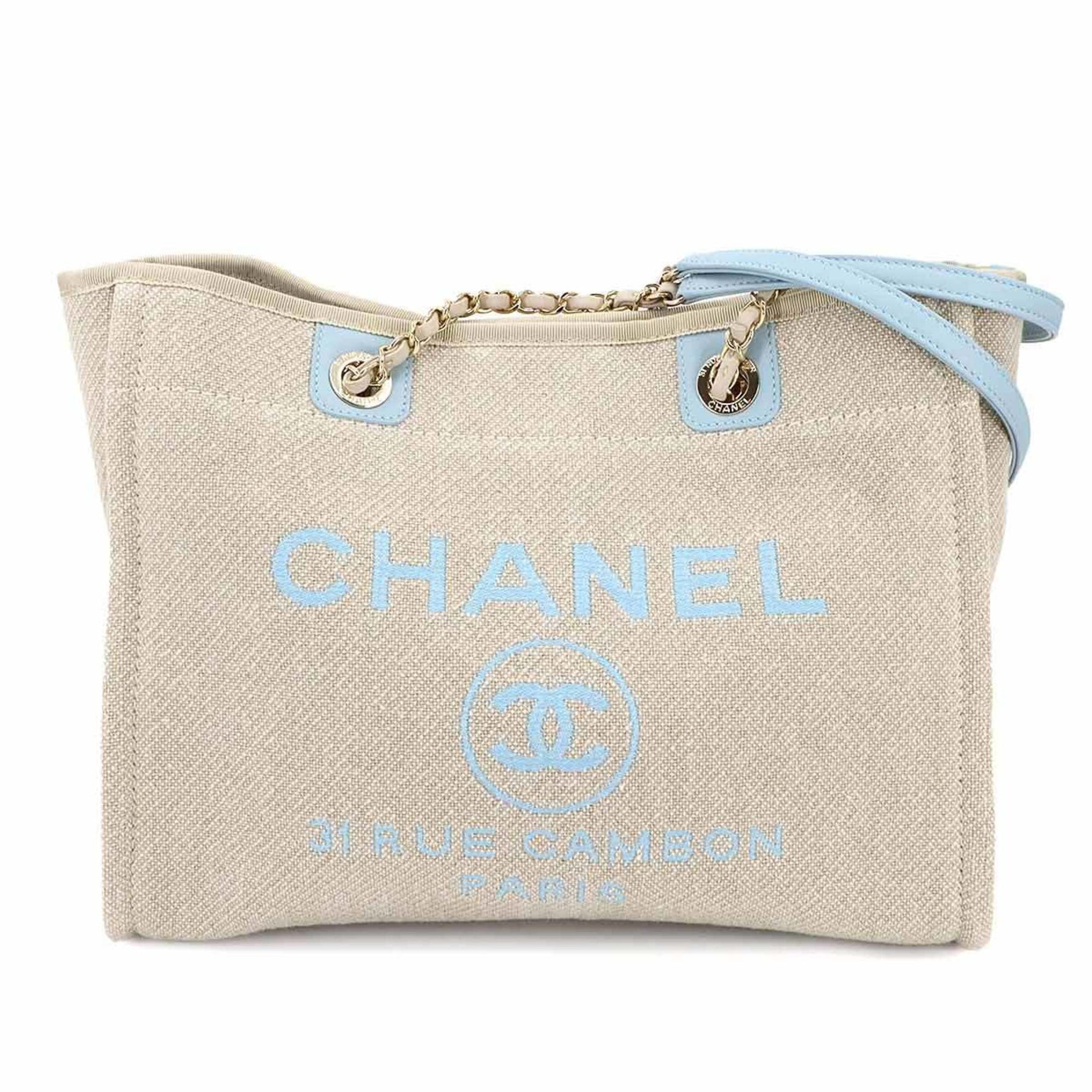 CHANEL Deauville MM Chain Tote Bag, Beige Blue Canvas with Gold Hardware